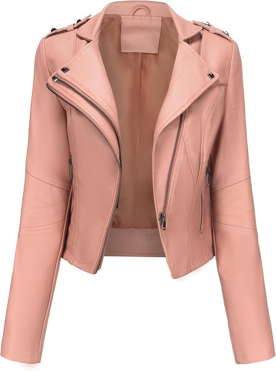 image:imageJEKEDG Womens Casual Blazer Collar Fashion Coat Vintage Biker Spring Fall Coat Jacket Faux Leather Zip Up CoatsPink 3