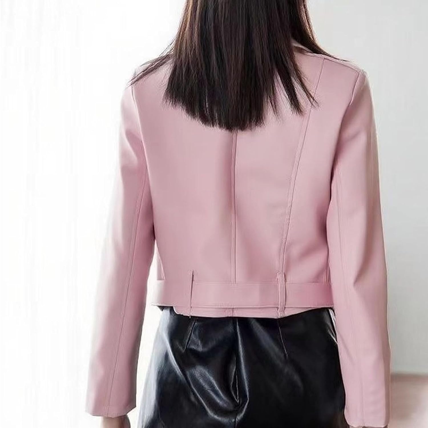 image:imageJEKEDG Womens Casual Blazer Collar Fashion Coat Vintage Biker Spring Fall Coat Jacket Faux Leather Zip Up CoatsPink