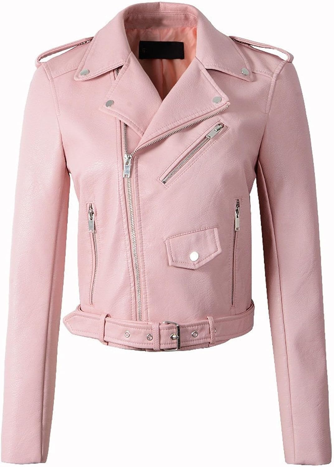 image:imageJEKEDG Womens Casual Blazer Collar Fashion Coat Vintage Biker Spring Fall Coat Jacket Faux Leather Zip Up CoatsPink