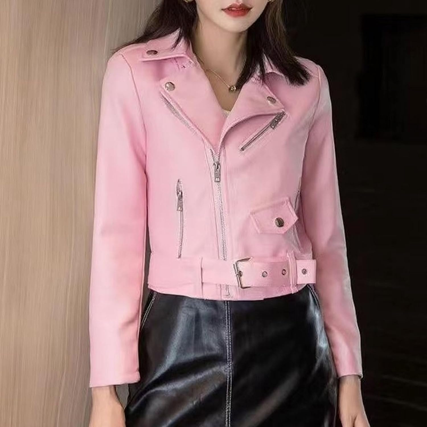 image:imageJEKEDG Womens Casual Blazer Collar Fashion Coat Vintage Biker Spring Fall Coat Jacket Faux Leather Zip Up CoatsPink