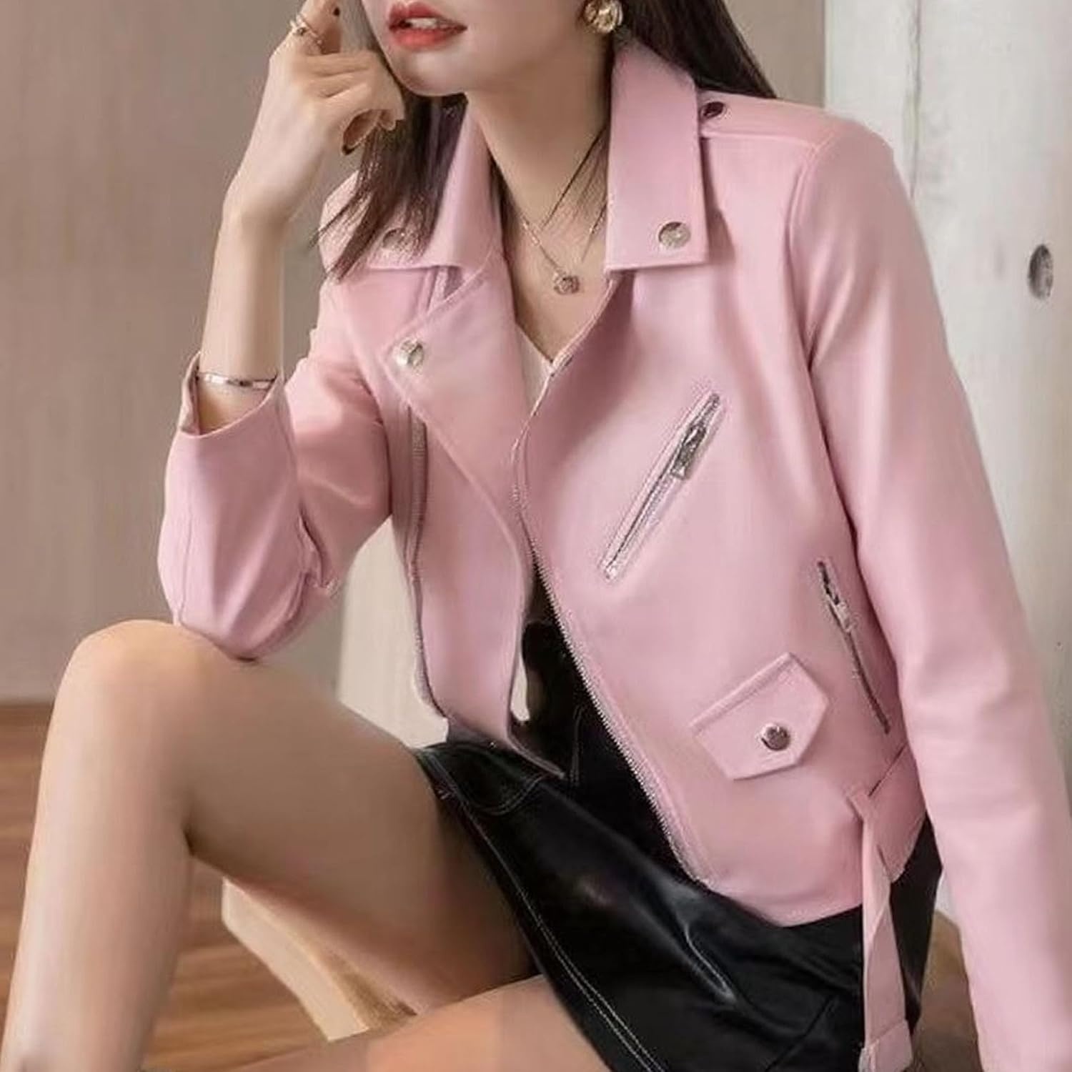 image:imageJEKEDG Womens Casual Blazer Collar Fashion Coat Vintage Biker Spring Fall Coat Jacket Faux Leather Zip Up CoatsPink