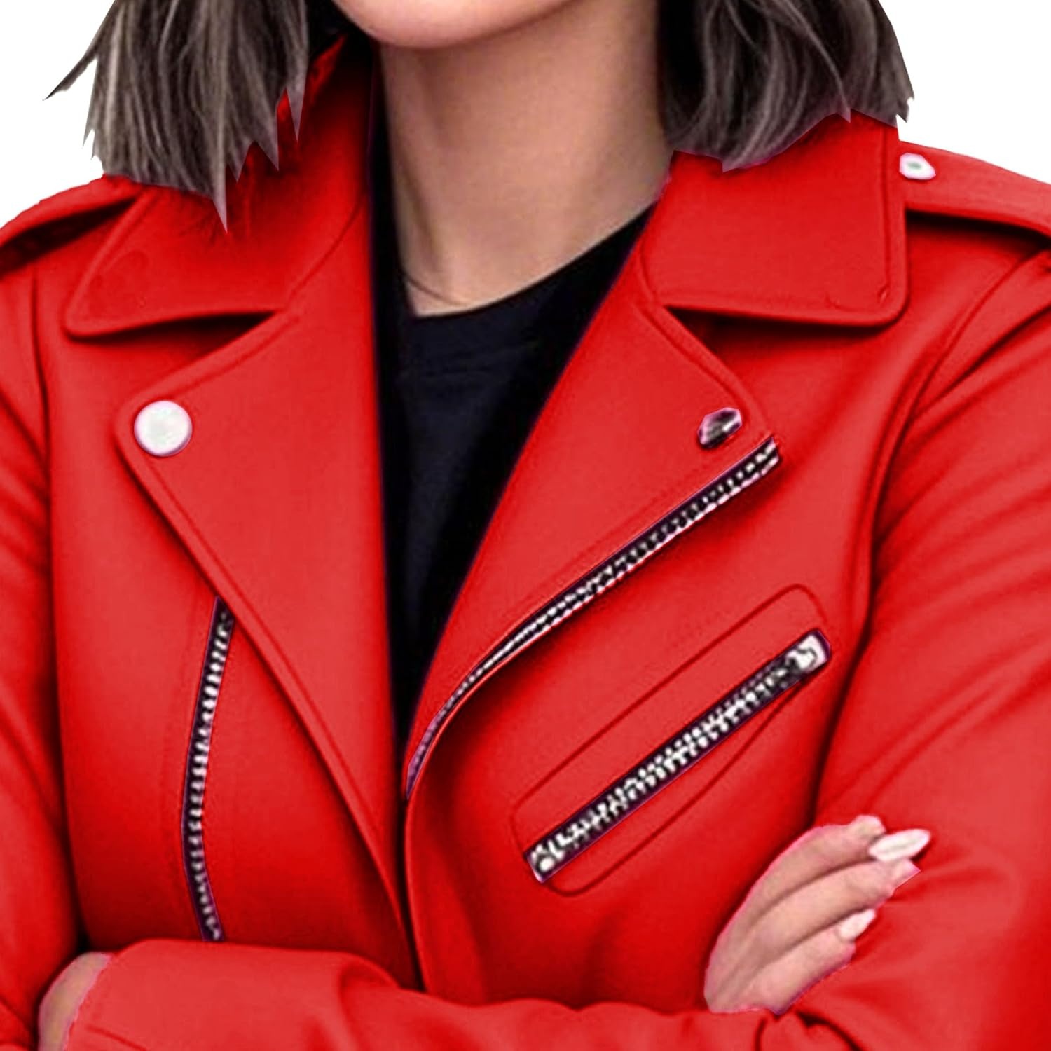 image:imageJEKEDG Womens Casual Blazer Collar Fashion Coat Vintage Biker Spring Fall Coat Jacket Faux Leather Zip Up CoatsRed 1