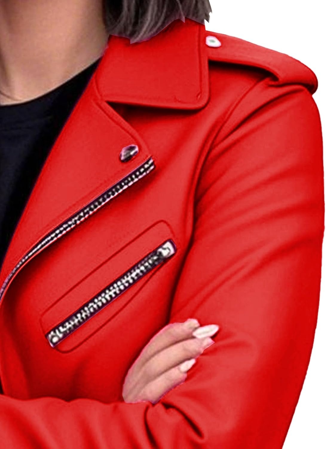 image:imageJEKEDG Womens Casual Blazer Collar Fashion Coat Vintage Biker Spring Fall Coat Jacket Faux Leather Zip Up CoatsRed 1