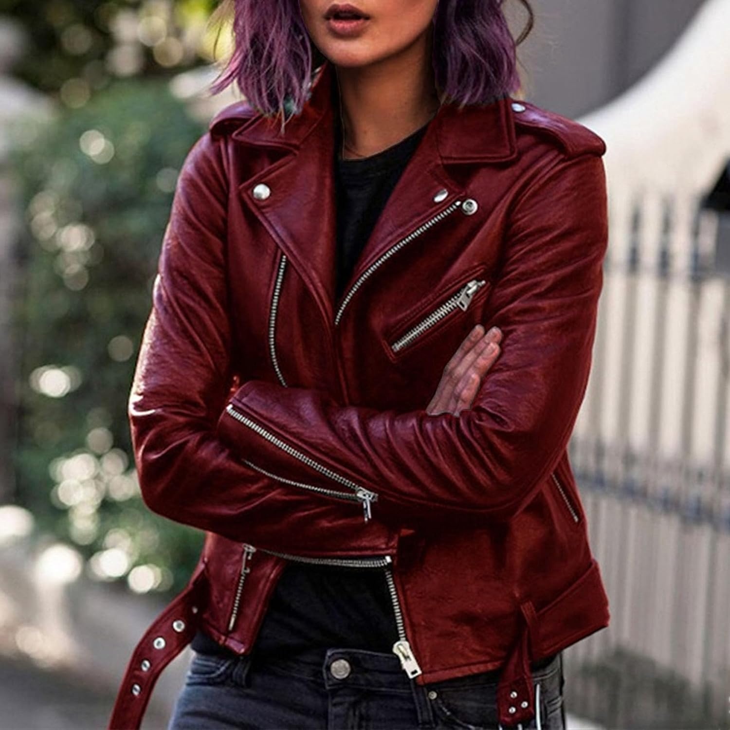 image:imageJEKEDG Womens Casual Blazer Collar Fashion Coat Vintage Biker Spring Fall Coat Jacket Faux Leather Zip Up CoatsRed