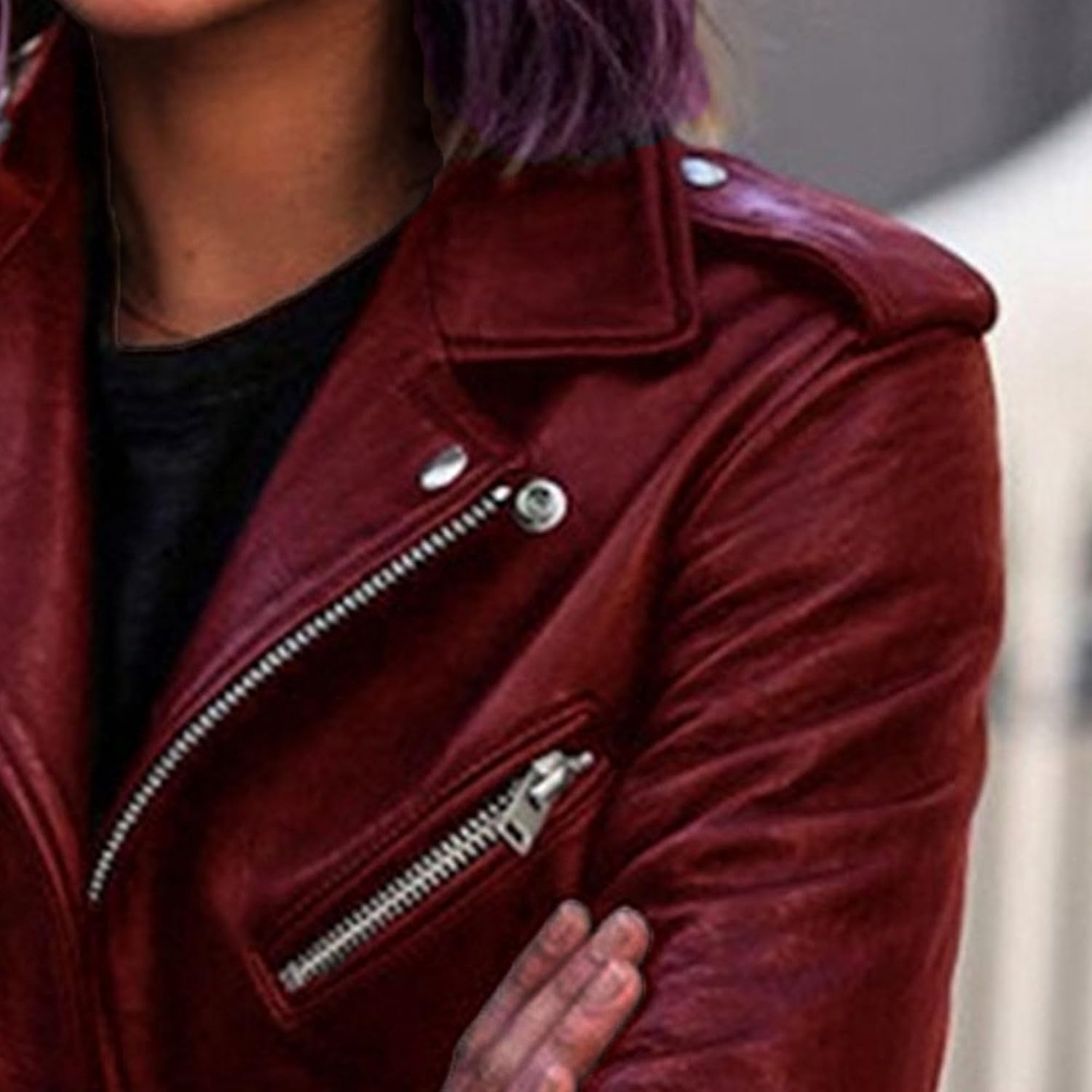image:imageJEKEDG Womens Casual Blazer Collar Fashion Coat Vintage Biker Spring Fall Coat Jacket Faux Leather Zip Up CoatsRed
