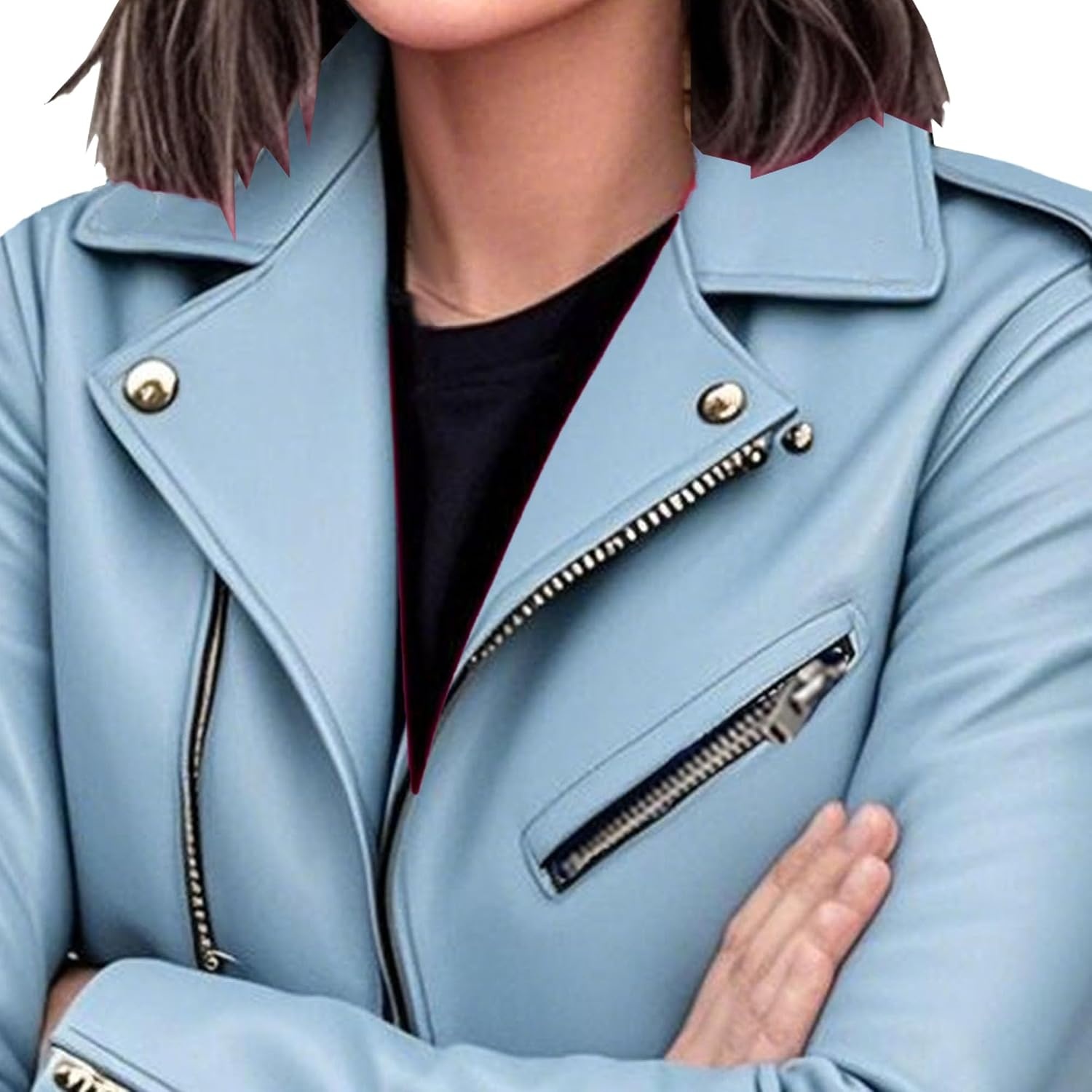image:imageJEKEDG Womens Casual Blazer Collar Fashion Coat Vintage Biker Spring Fall Coat Jacket Faux Leather Zip Up CoatsSky Blue