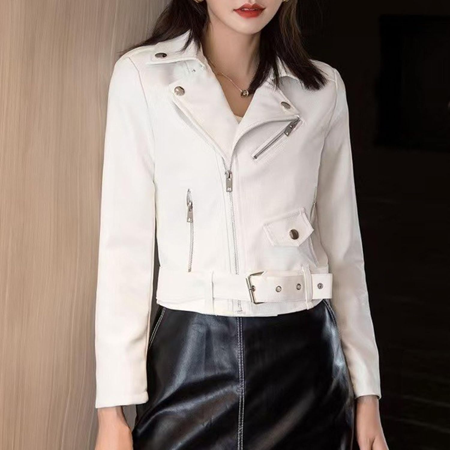 image:imageJEKEDG Womens Casual Blazer Collar Fashion Coat Vintage Biker Spring Fall Coat Jacket Faux Leather Zip Up CoatsWhite 2