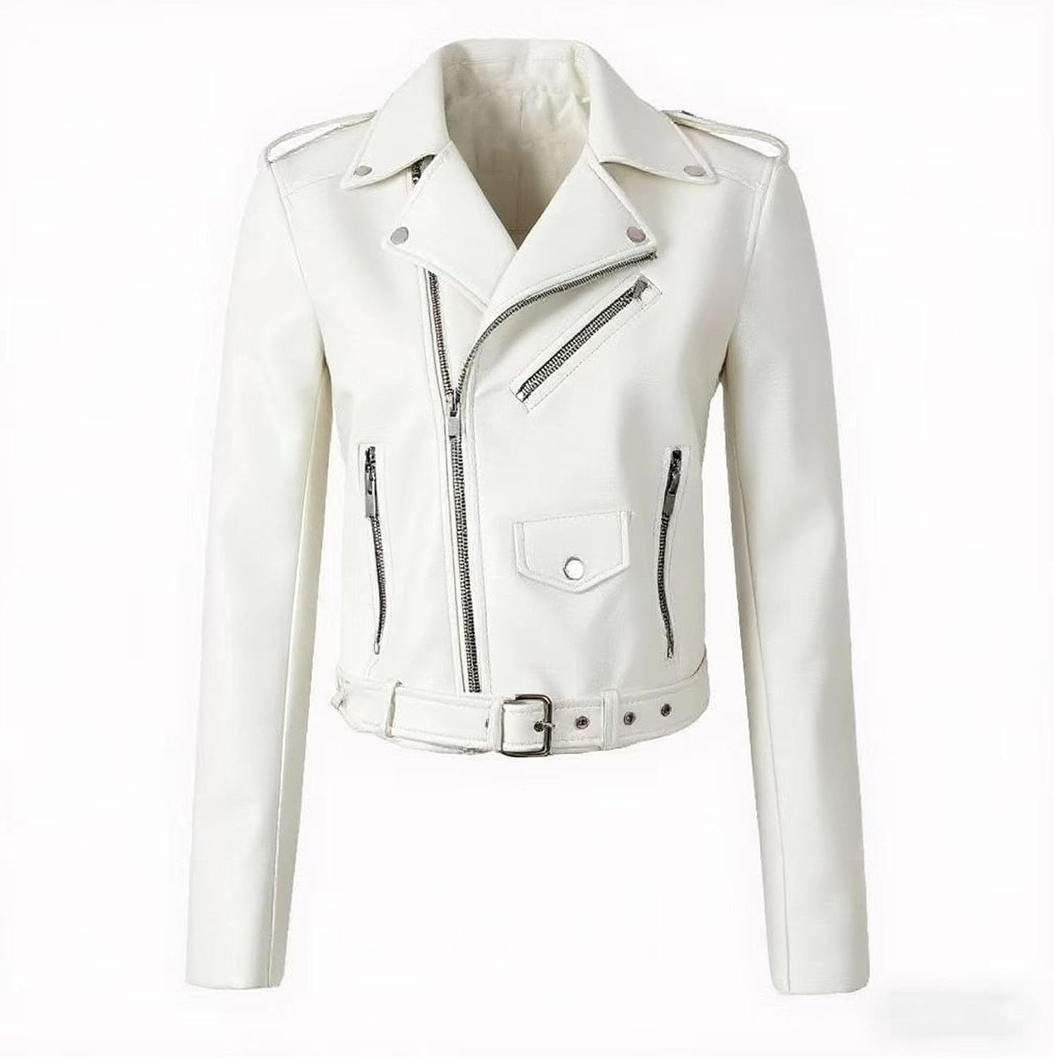 image:imageJEKEDG Womens Casual Blazer Collar Fashion Coat Vintage Biker Spring Fall Coat Jacket Faux Leather Zip Up CoatsWhite 2