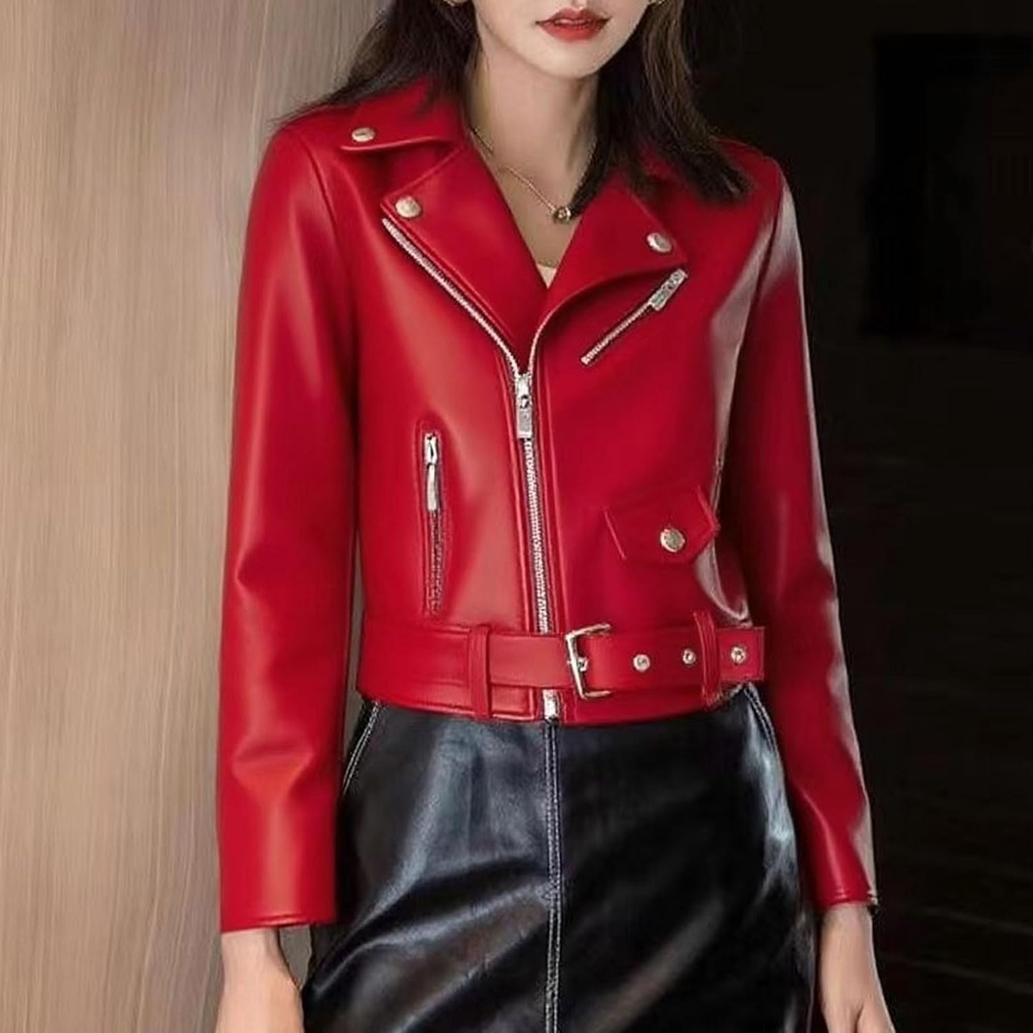 image:imageJEKEDG Womens Casual Blazer Collar Fashion Coat Vintage Biker Spring Fall Coat Jacket Faux Leather Zip Up CoatsWinered2