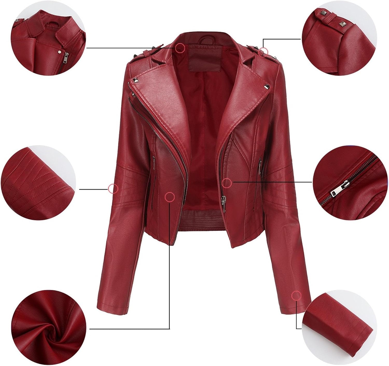 image:imageJEKEDG Womens Casual Blazer Collar Fashion Coat Vintage Biker Spring Fall Coat Jacket Faux Leather Zip Up CoatsWinered3