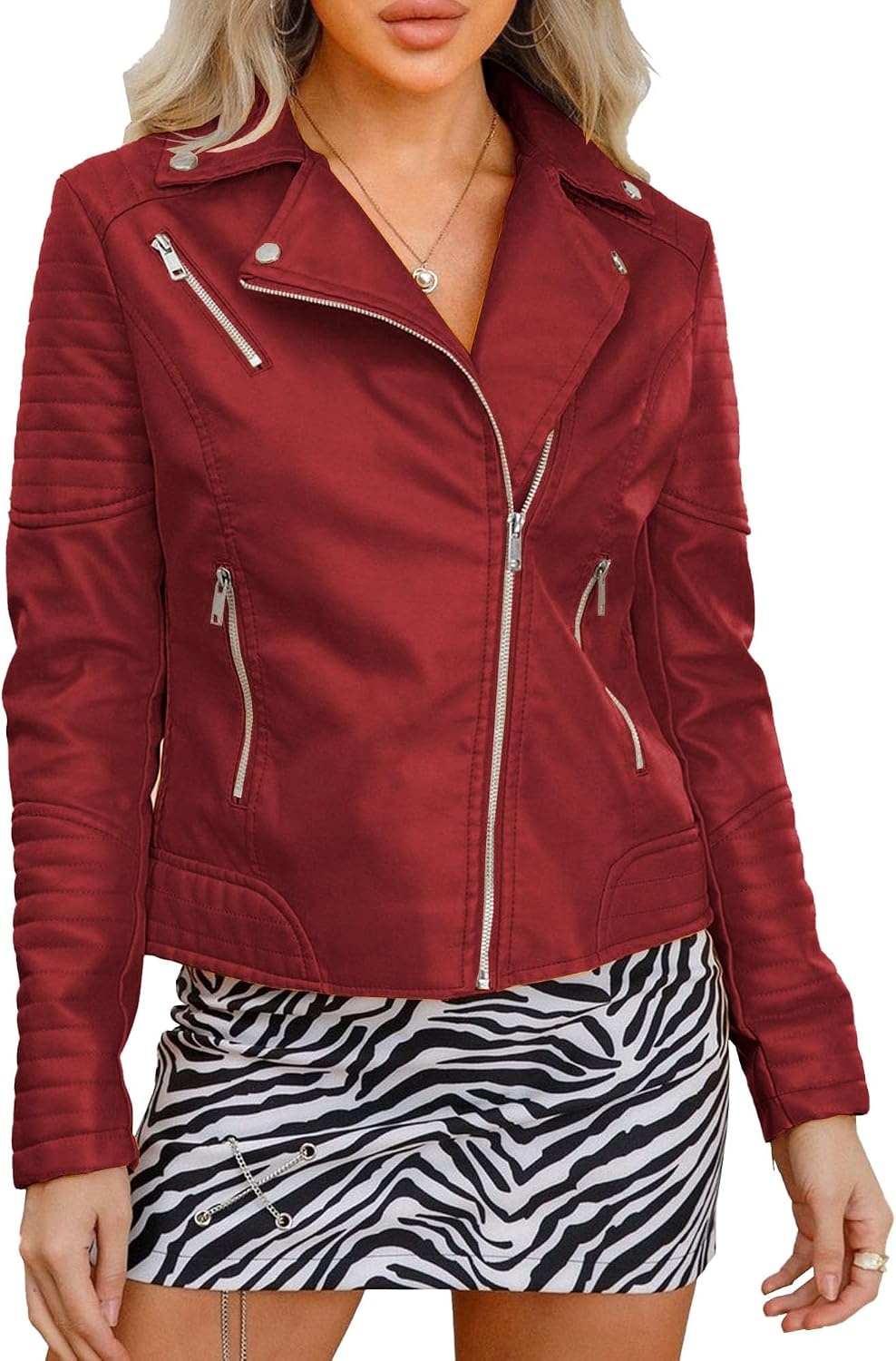 image:imageJEKEDG Womens Casual Blazer Collar Fashion Coat Vintage Biker Spring Fall Coat Jacket Faux Leather Zip Up CoatsWinered4