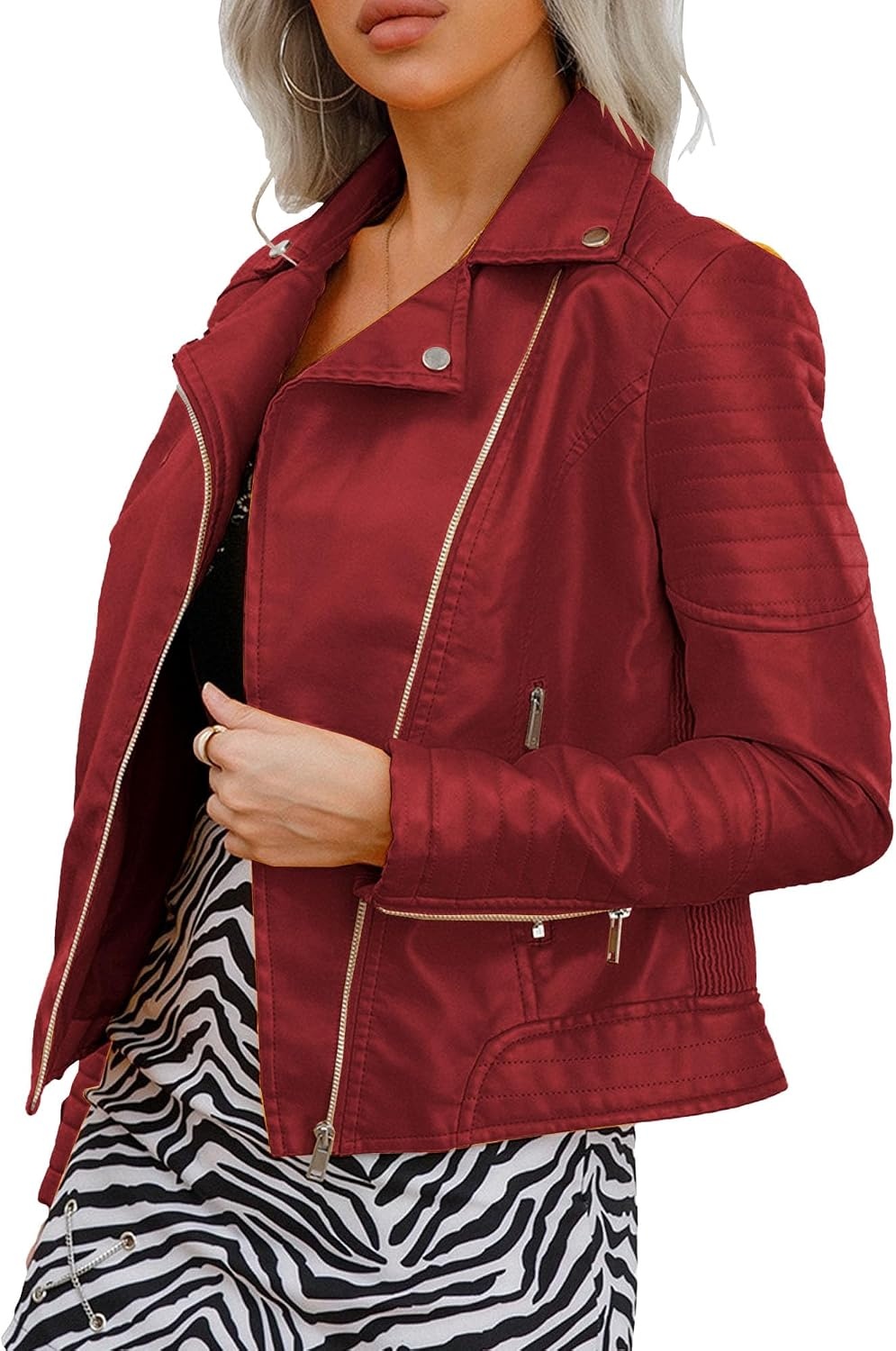 image:imageJEKEDG Womens Casual Blazer Collar Fashion Coat Vintage Biker Spring Fall Coat Jacket Faux Leather Zip Up CoatsWinered4