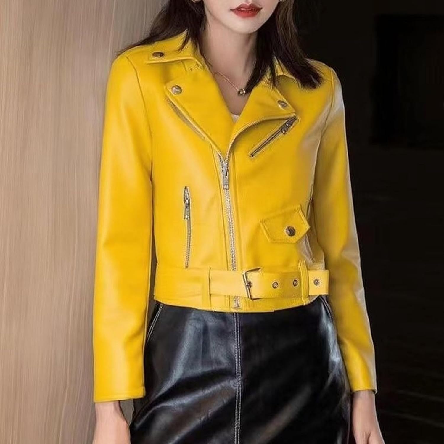 image:imageJEKEDG Womens Casual Blazer Collar Fashion Coat Vintage Biker Spring Fall Coat Jacket Faux Leather Zip Up CoatsYellow 2
