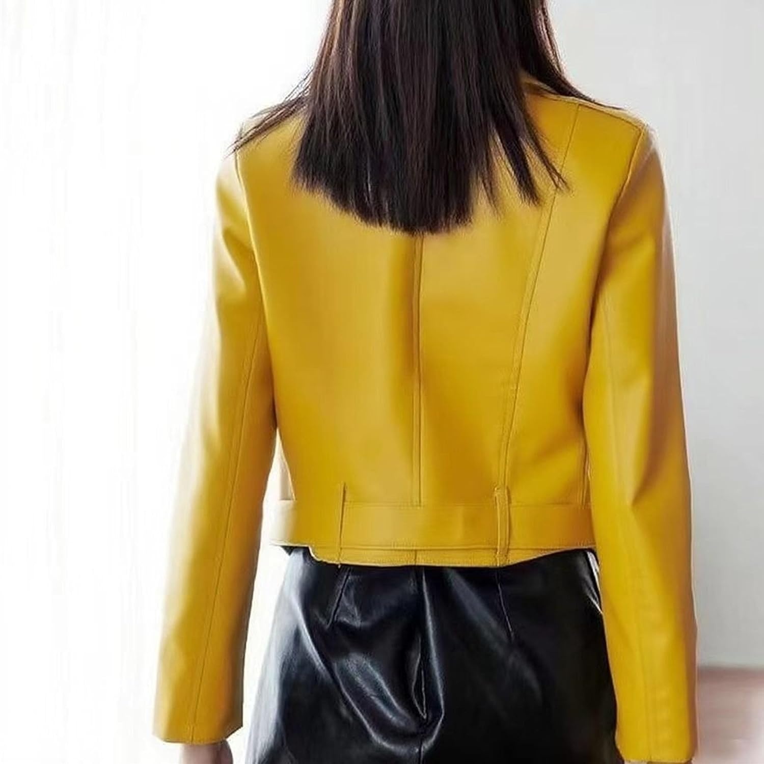 image:imageJEKEDG Womens Casual Blazer Collar Fashion Coat Vintage Biker Spring Fall Coat Jacket Faux Leather Zip Up CoatsYellow 2