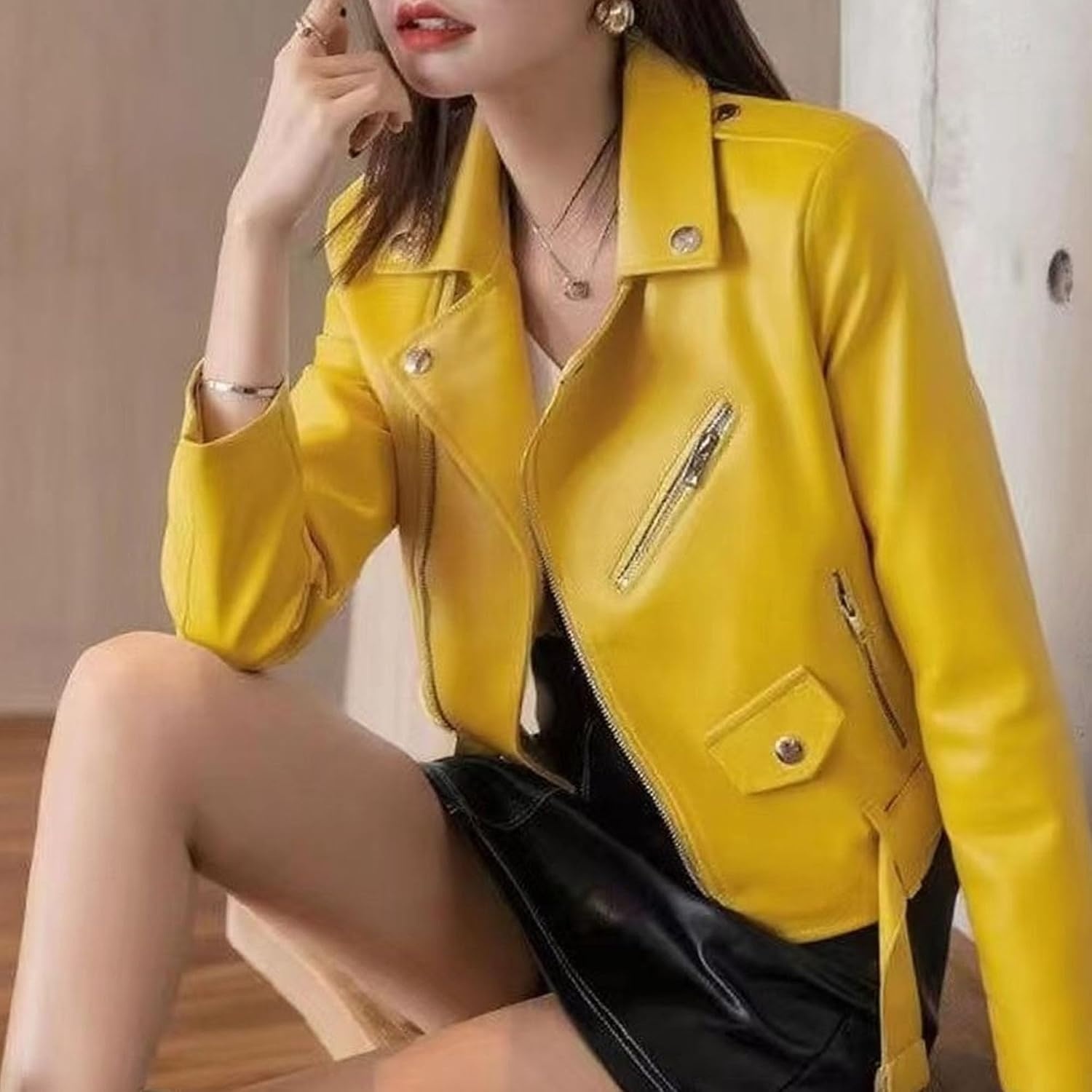 image:imageJEKEDG Womens Casual Blazer Collar Fashion Coat Vintage Biker Spring Fall Coat Jacket Faux Leather Zip Up CoatsYellow 2