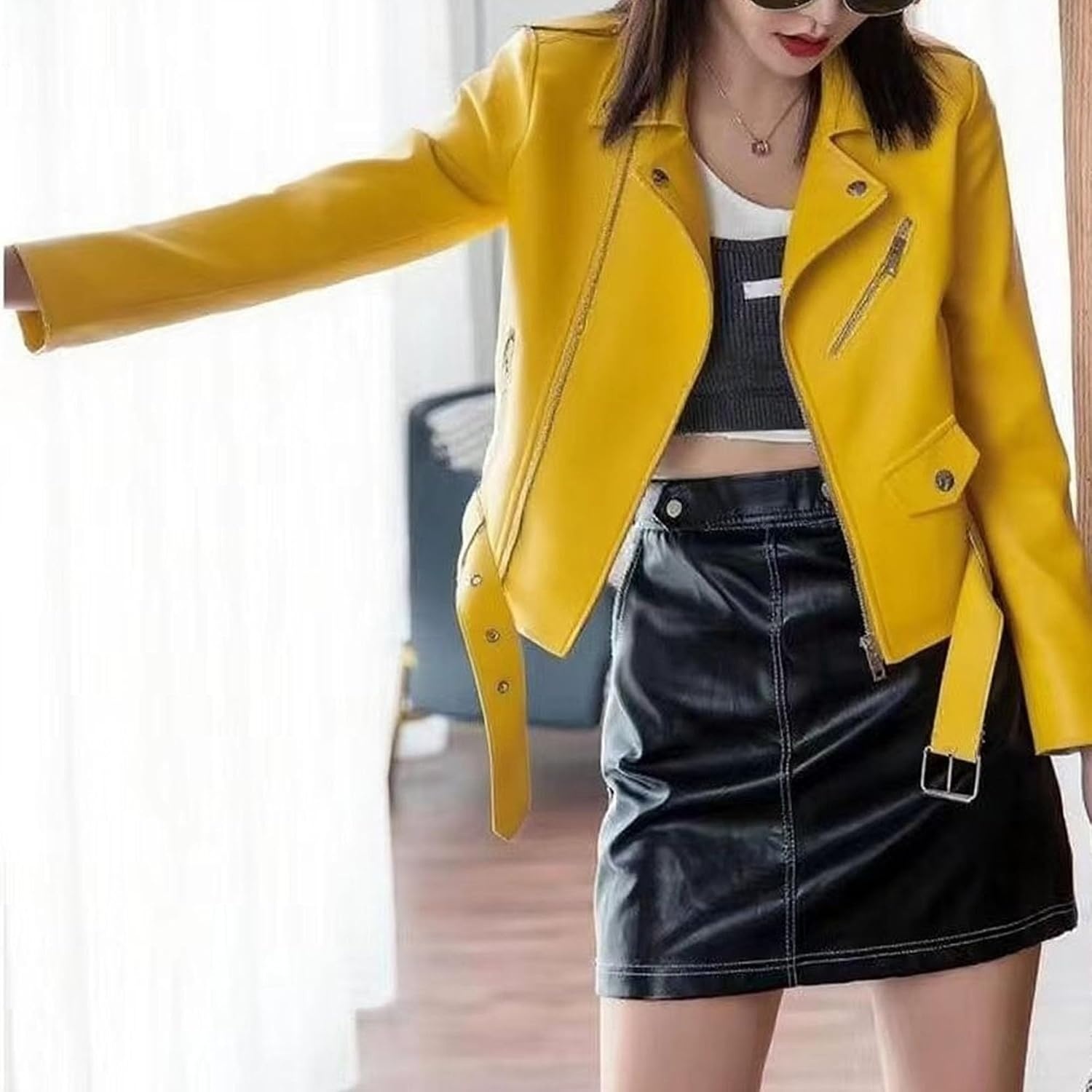 image:imageJEKEDG Womens Casual Blazer Collar Fashion Coat Vintage Biker Spring Fall Coat Jacket Faux Leather Zip Up CoatsYellow 2