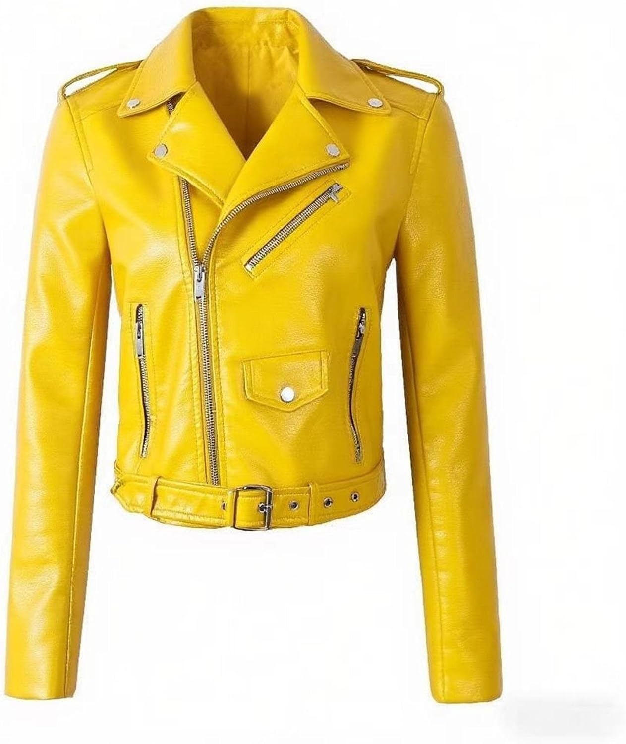 image:imageJEKEDG Womens Casual Blazer Collar Fashion Coat Vintage Biker Spring Fall Coat Jacket Faux Leather Zip Up CoatsYellow 2