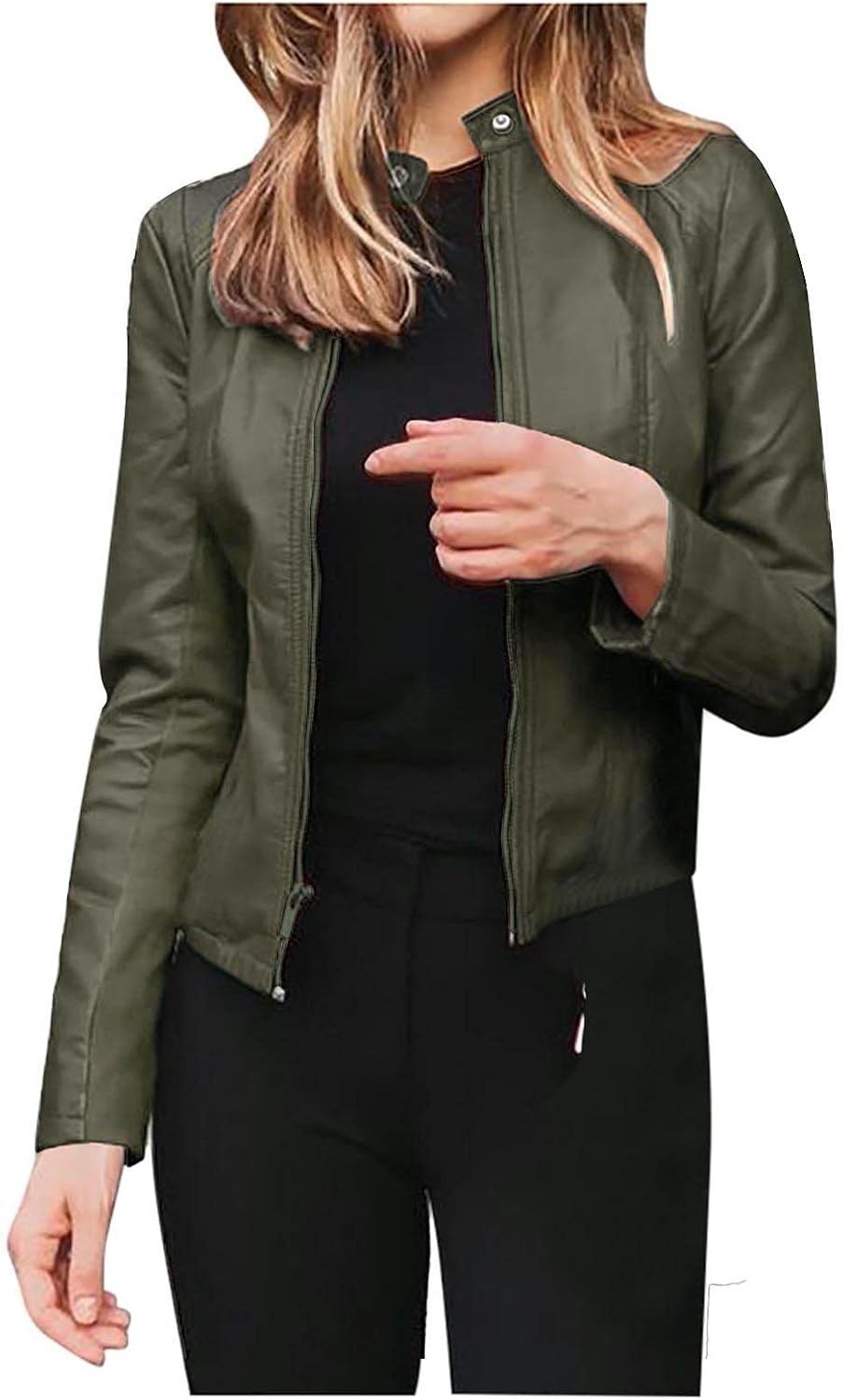 image:imageJiXiang Leather Bomber Jacket Women Cropped Lightweight Faux Leather Motorcycle Jackets Zip Up PU Elegant Moto Biker Outwear1army Green