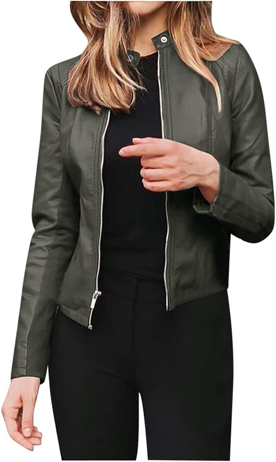 image:imageJiXiang Leather Bomber Jacket Women Cropped Lightweight Faux Leather Motorcycle Jackets Zip Up PU Elegant Moto Biker Outwear1army Green
