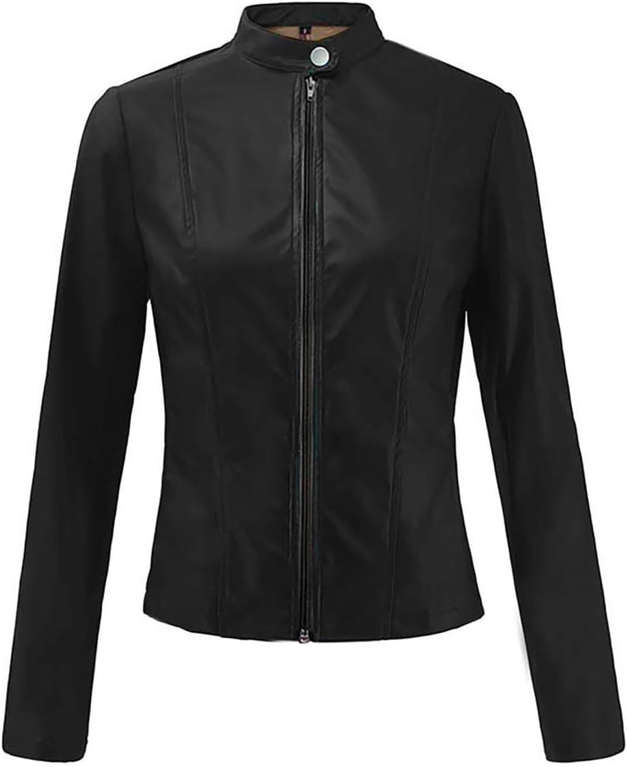 image:imageJiXiang Leather Bomber Jacket Women Cropped Lightweight Faux Leather Motorcycle Jackets Zip Up PU Elegant Moto Biker Outwear3black