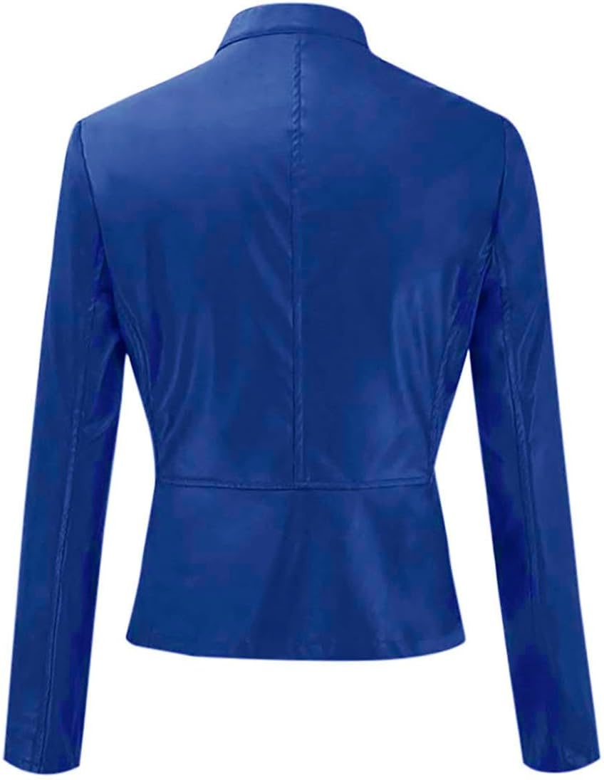 image:imageJiXiang Leather Bomber Jacket Women Cropped Lightweight Faux Leather Motorcycle Jackets Zip Up PU Elegant Moto Biker Outwear3blue