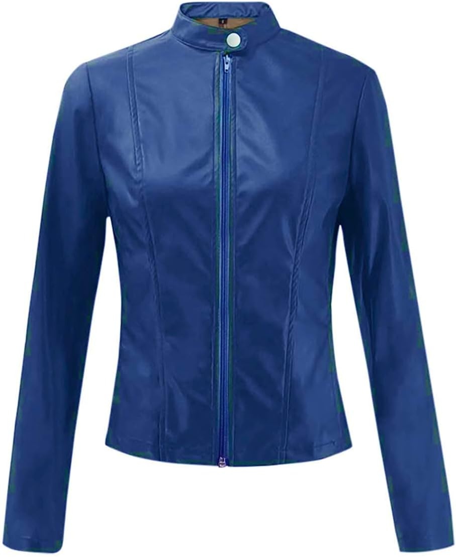 image:imageJiXiang Leather Bomber Jacket Women Cropped Lightweight Faux Leather Motorcycle Jackets Zip Up PU Elegant Moto Biker Outwear3blue