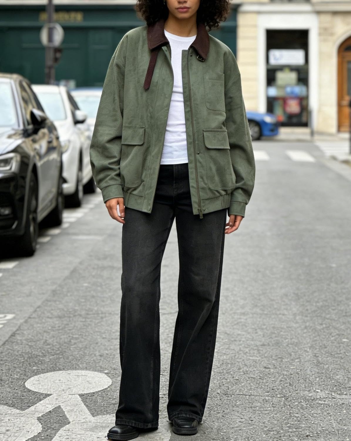 image:imageLadyful Womens Faux Suede Leather Jacket Casual Fall Winter Oversized Bomber Barn Coat Corduroy Collar Trendy OuterwearArmygreen