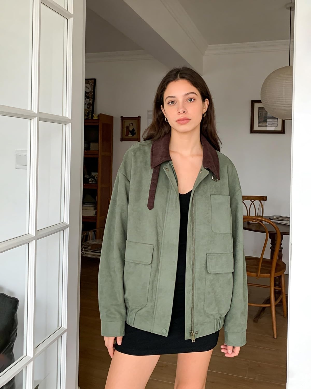 image:imageLadyful Womens Faux Suede Leather Jacket Casual Fall Winter Oversized Bomber Barn Coat Corduroy Collar Trendy OuterwearArmygreen