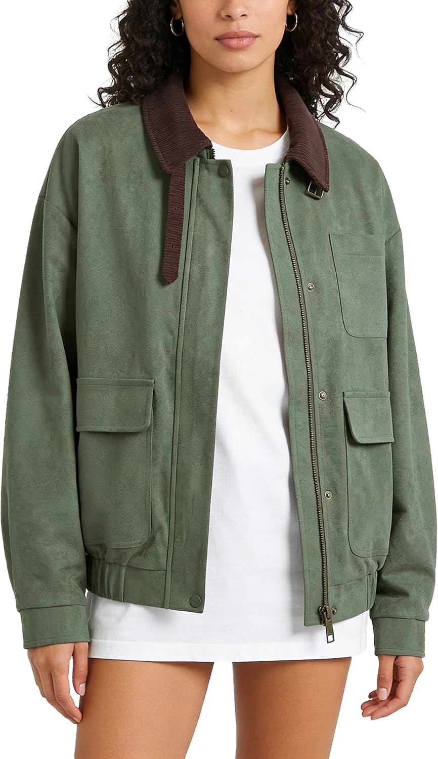 image:imageLadyful Womens Faux Suede Leather Jacket Casual Fall Winter Oversized Bomber Barn Coat Corduroy Collar Trendy OuterwearArmygreen