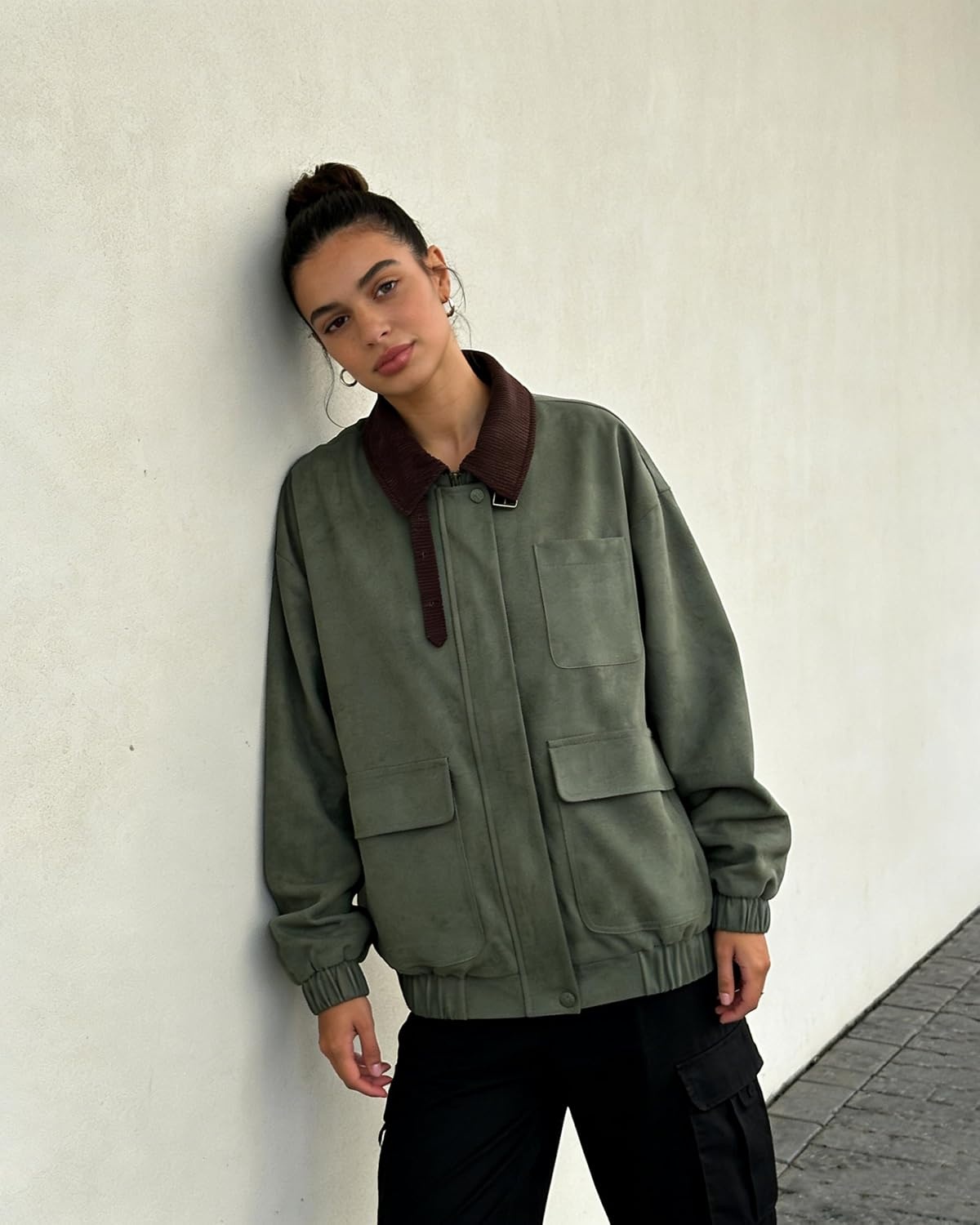 image:imageLadyful Womens Faux Suede Leather Jacket Casual Fall Winter Oversized Bomber Barn Coat Corduroy Collar Trendy OuterwearArmygreen