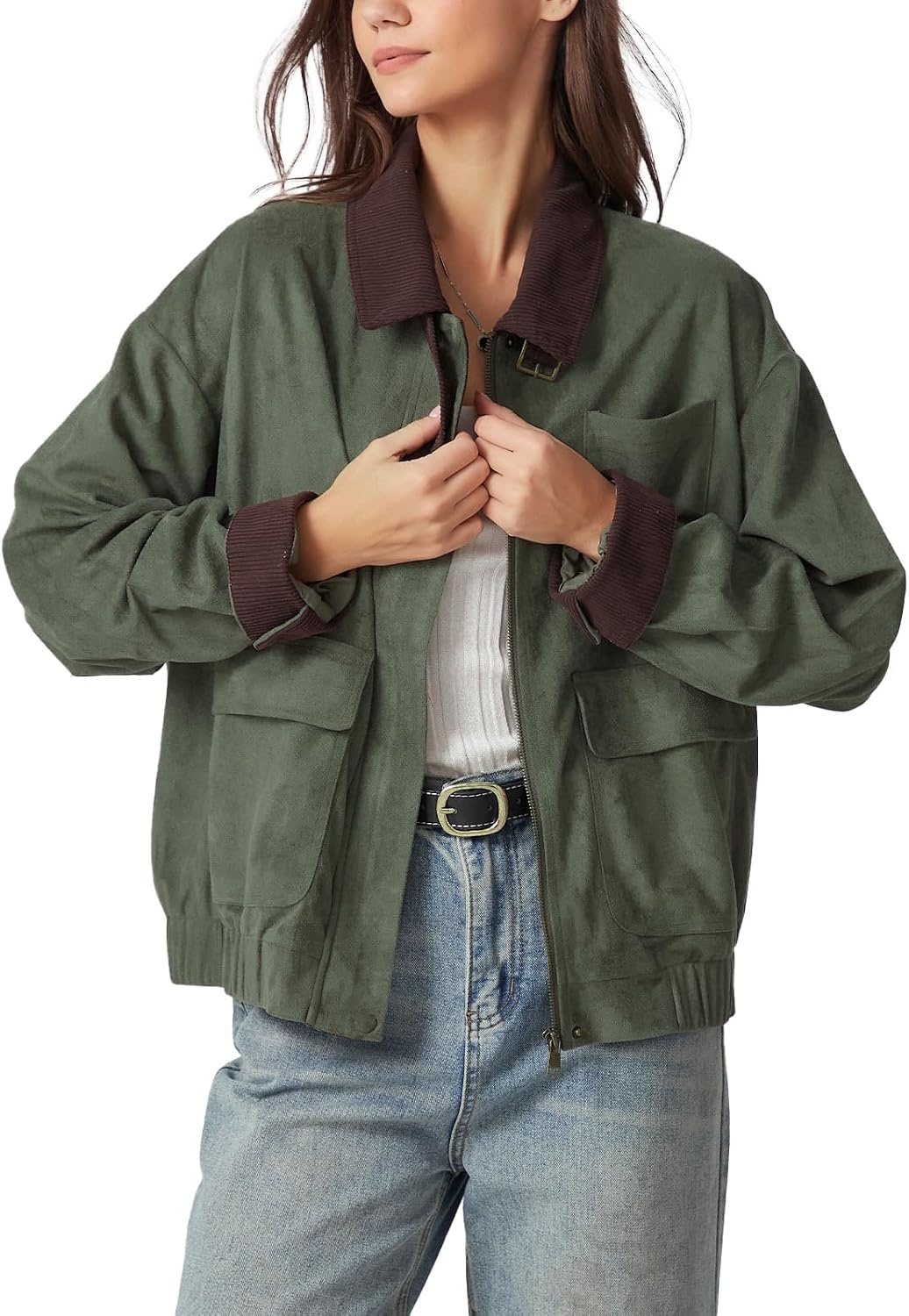 image:imageLadyful Womens Faux Suede Leather Jacket Casual Fall Winter Oversized Bomber Barn Coat Corduroy Collar Trendy OuterwearArmygreen