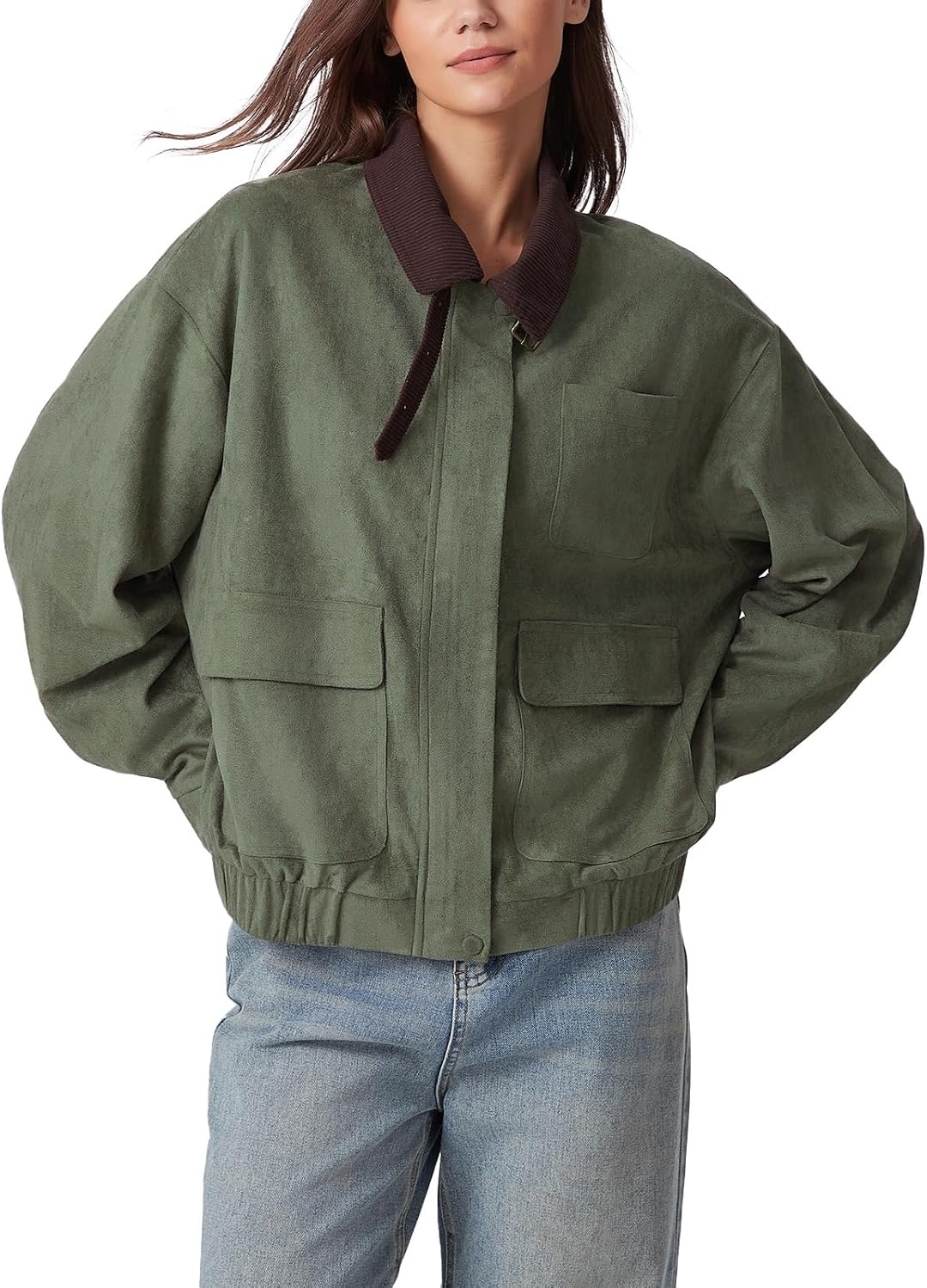 image:imageLadyful Womens Faux Suede Leather Jacket Casual Fall Winter Oversized Bomber Barn Coat Corduroy Collar Trendy OuterwearArmygreen