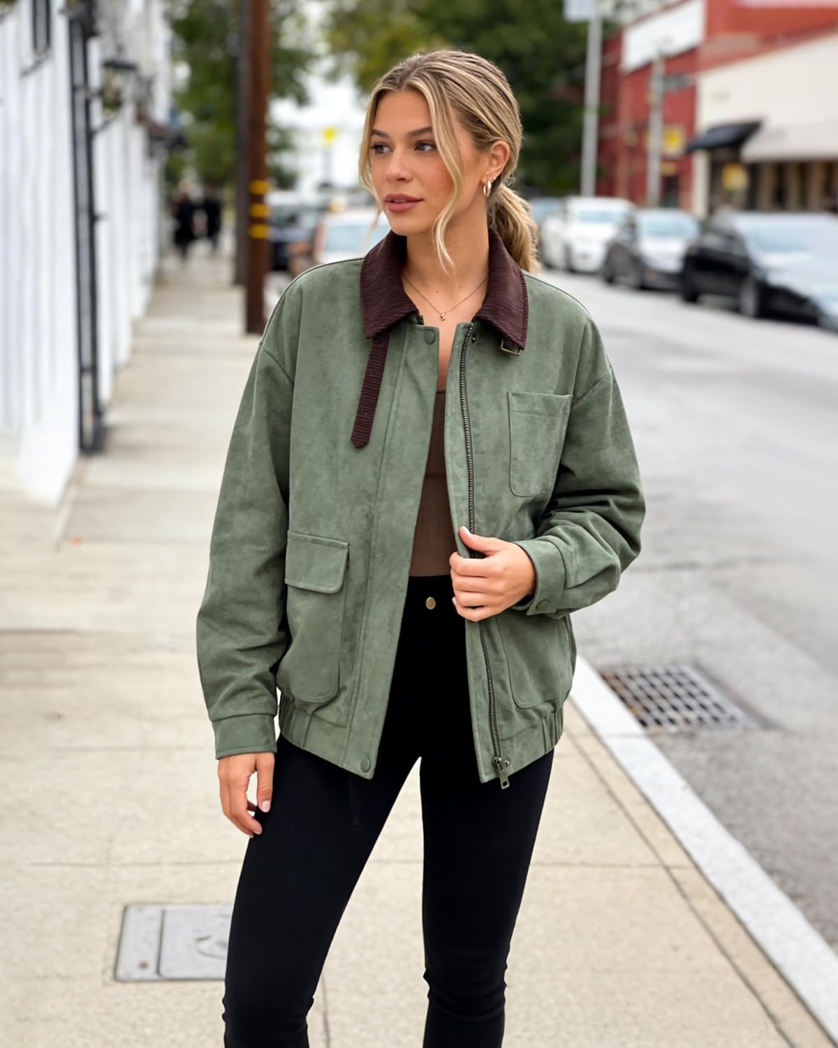 image:imageLadyful Womens Faux Suede Leather Jacket Casual Fall Winter Oversized Bomber Barn Coat Corduroy Collar Trendy OuterwearArmygreen