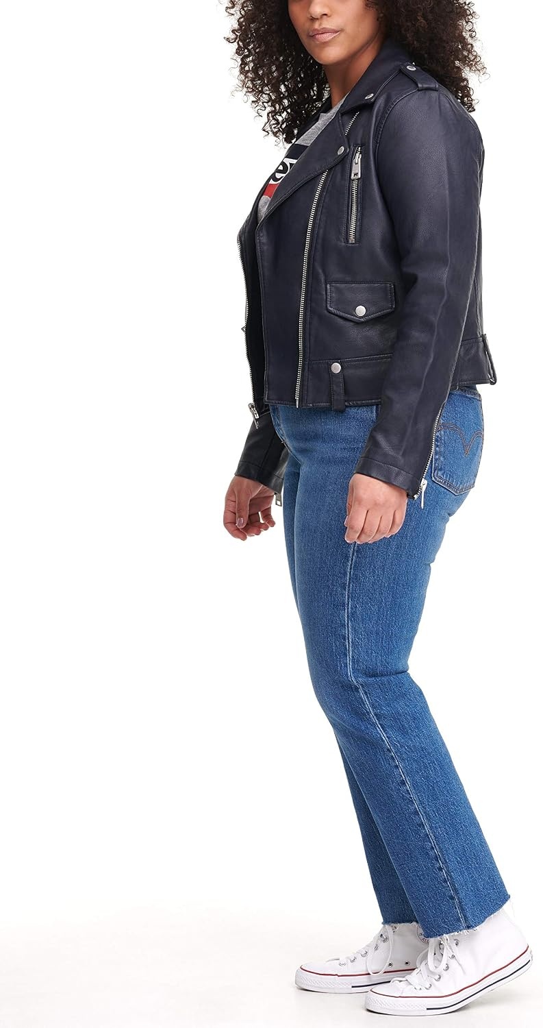 image:imageLevis Womens Faux Leather Contemporary Motorcycle Jacket Standard and PlusNavy