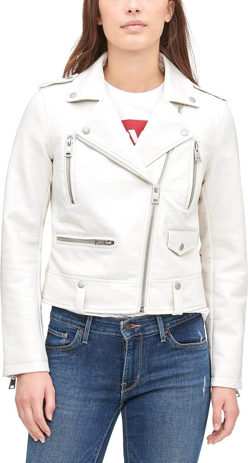 image:imageLevis Womens Faux Leather Contemporary Motorcycle Jacket Standard and PlusWhite Croc