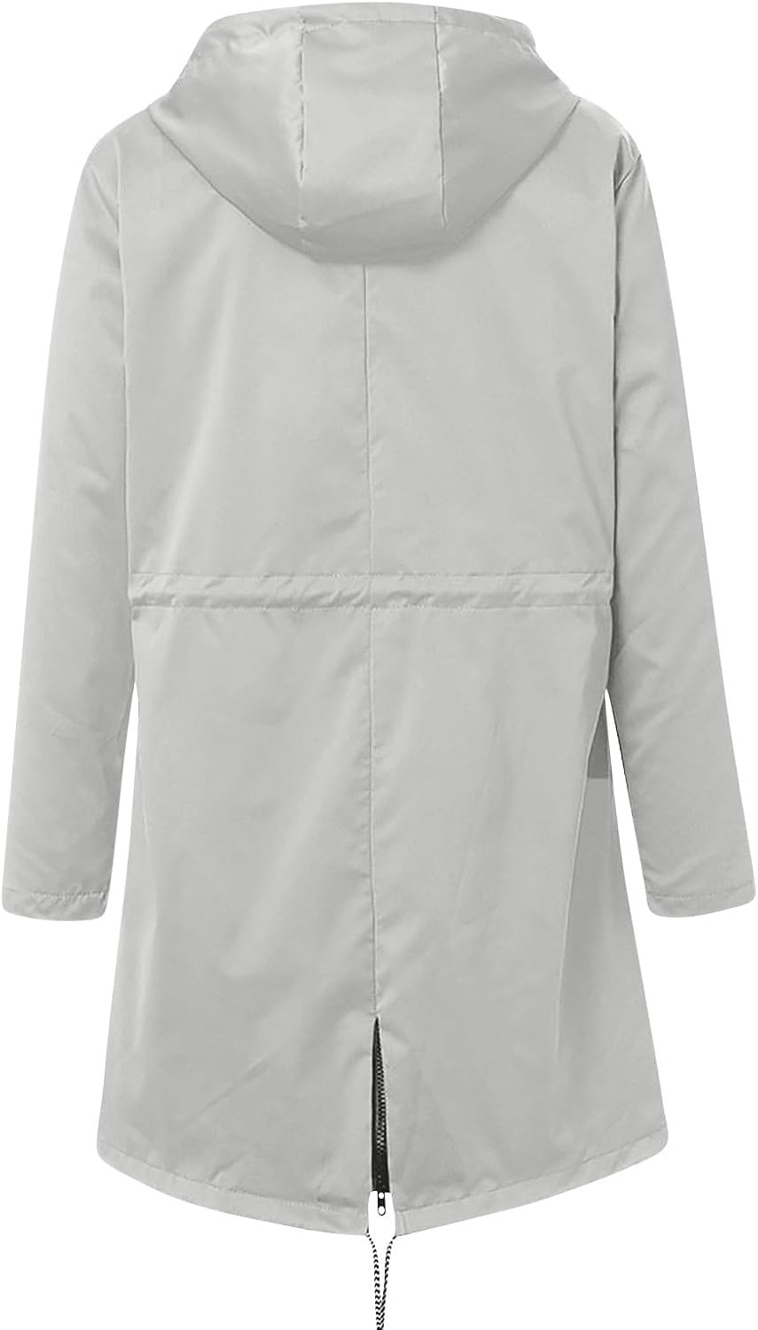 image:imageNAMTYQX Womens Hooded Raincoat Lightweight Fit Plus Size Waterproof Dressy Zip up Rain Jacket Windbreaker with PocketsZlight Gray
