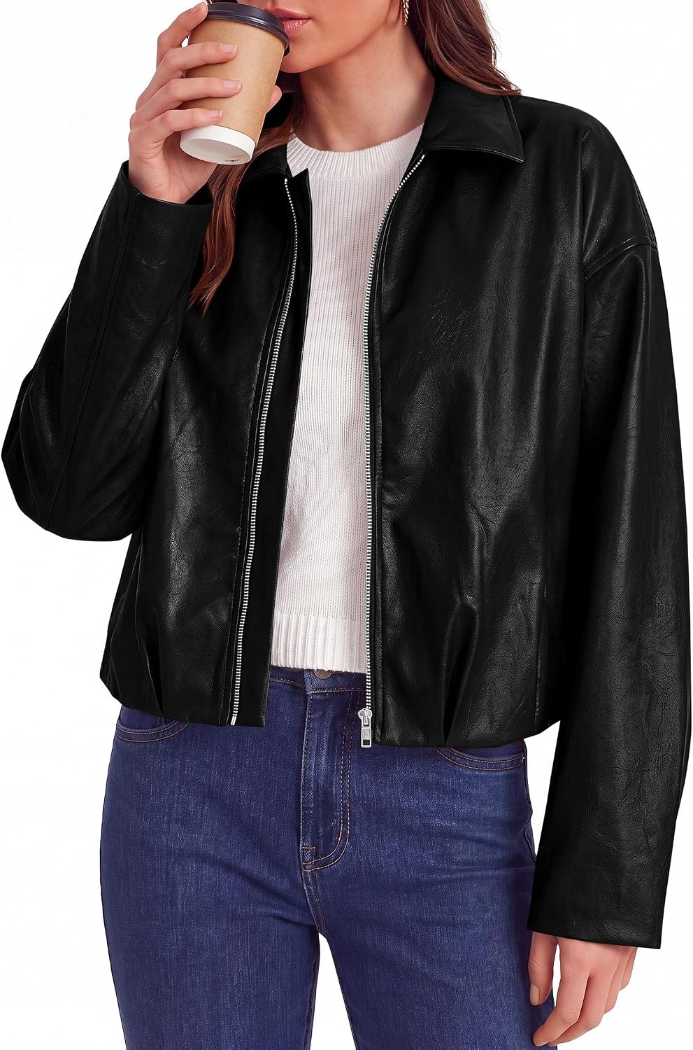 image:imagePRETTYGARDEN Faux Leather Motorcycle Jackets Womens Coat Cropped Zip Up Collared Trendy Fall Outerwear Gathered Hem Winter Layering Clothes Casual Going Out Date Night OutfitBlack