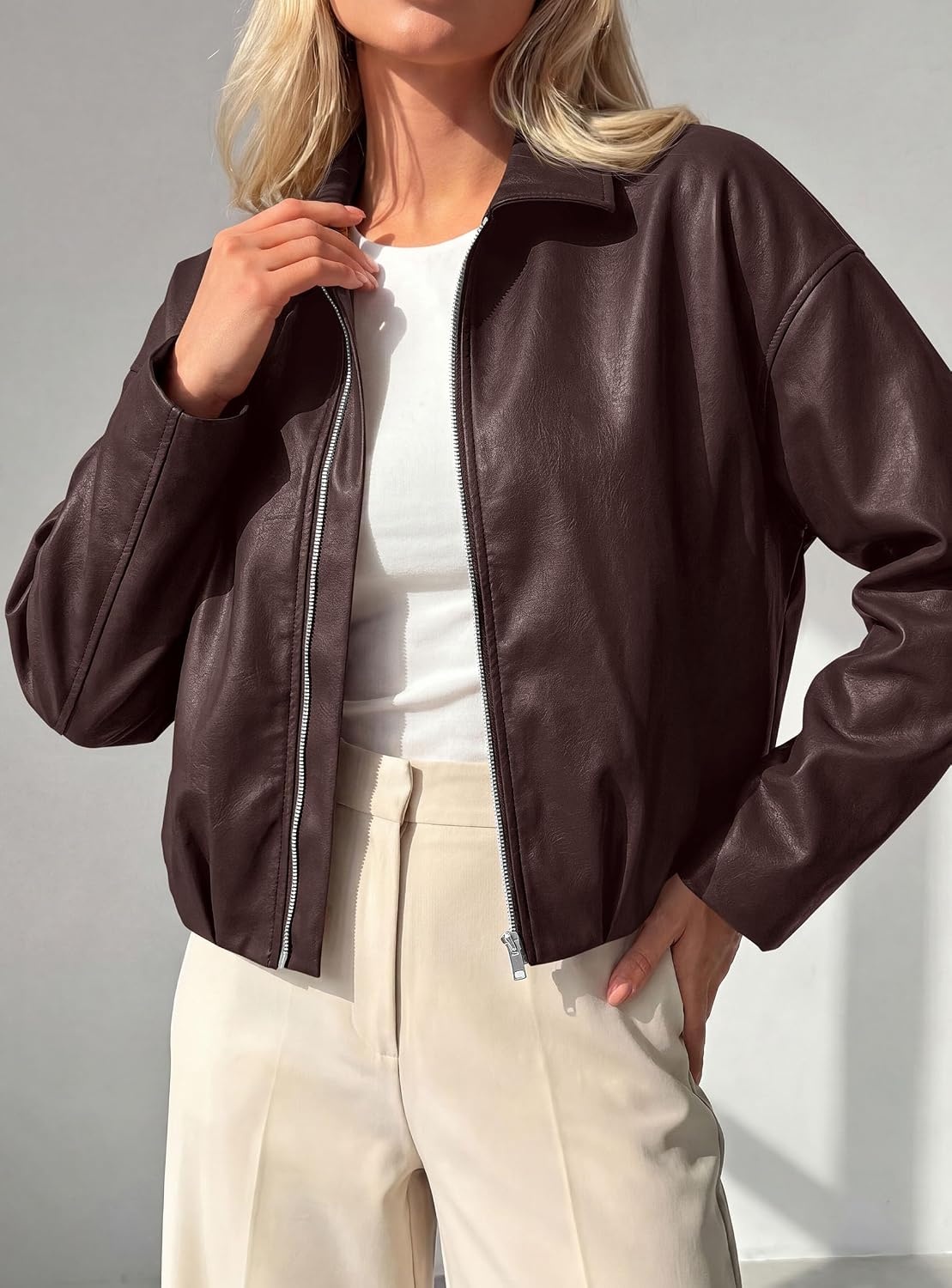 image:imagePRETTYGARDEN Faux Leather Motorcycle Jackets Womens Coat Cropped Zip Up Collared Trendy Fall Outerwear Gathered Hem Winter Layering Clothes Casual Going Out Date Night OutfitDark Brown