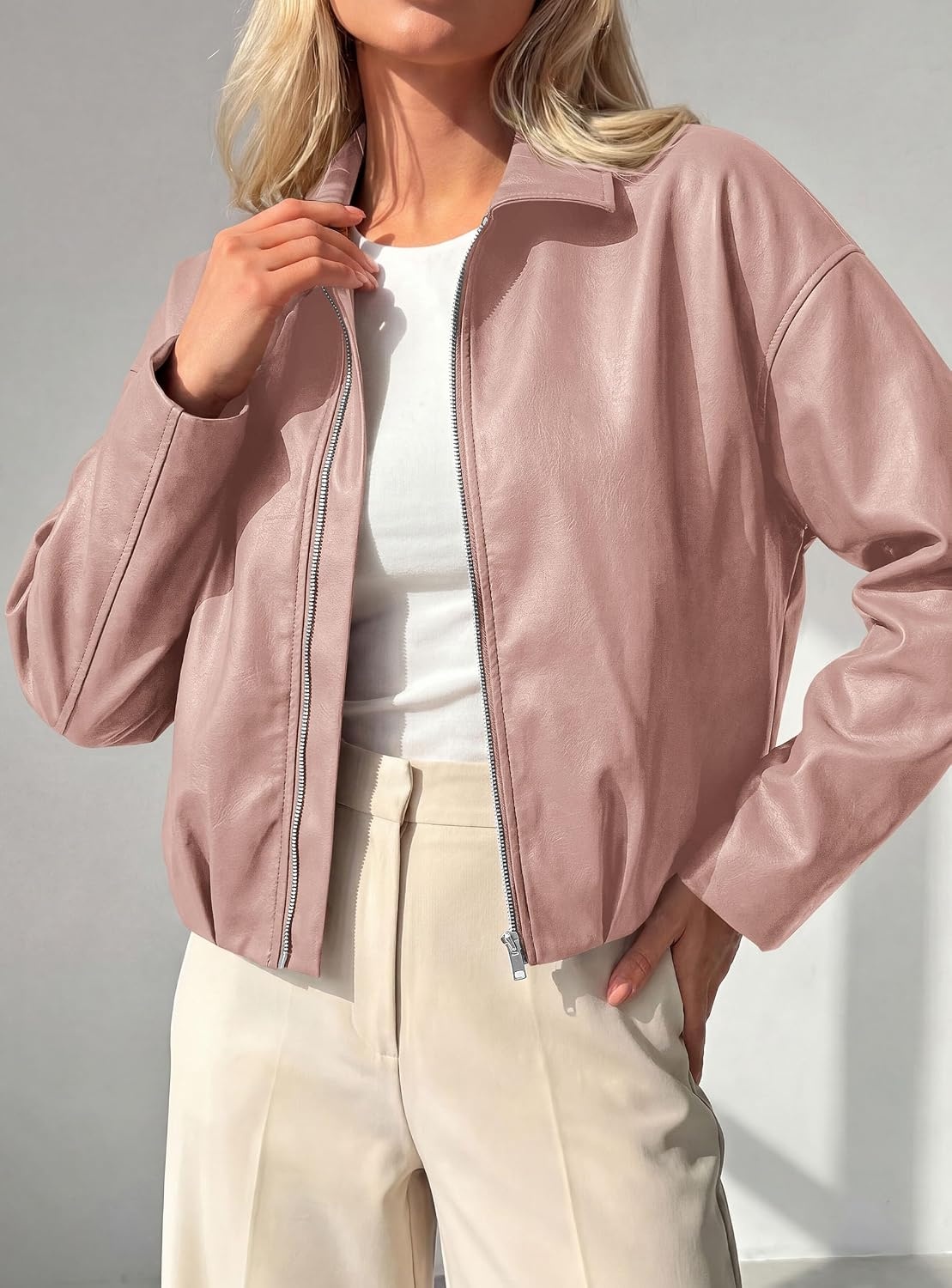 image:imagePRETTYGARDEN Faux Leather Motorcycle Jackets Womens Coat Cropped Zip Up Collared Trendy Fall Outerwear Gathered Hem Winter Layering Clothes Casual Going Out Date Night OutfitPink