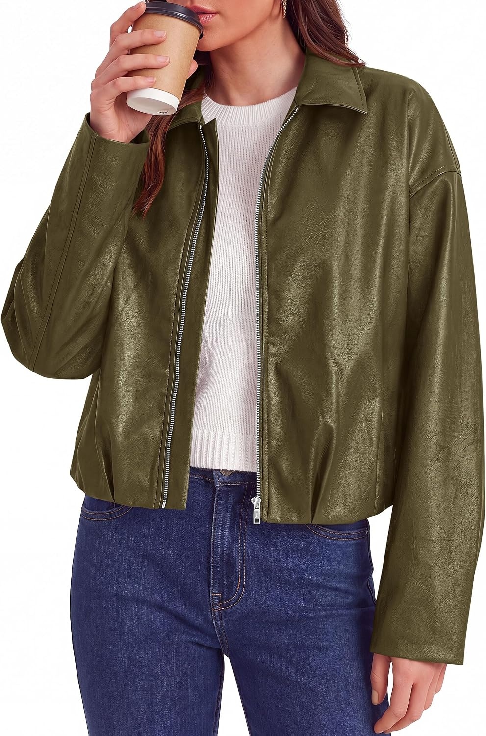 image:imagePRETTYGARDEN Faux Leather Motorcycle Jackets Womens Coat Cropped Zip Up Collared Trendy Fall Outerwear Gathered Hem Winter Layering Clothes Casual Going Out Date Night OutfitArmy Green