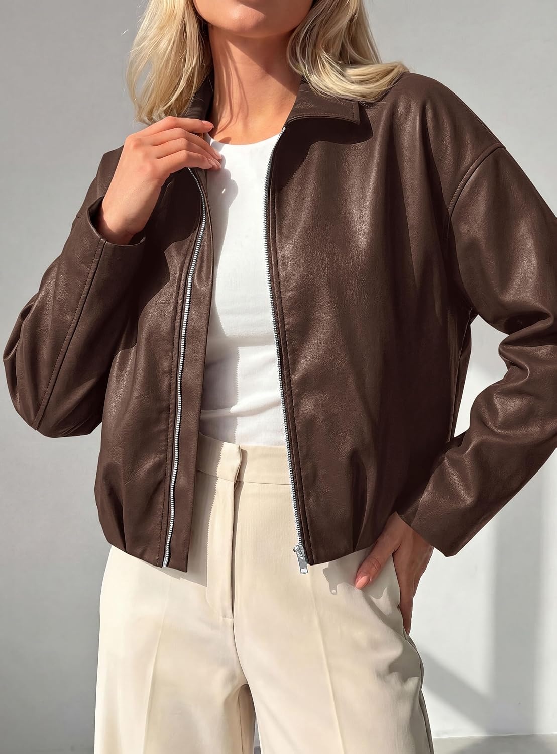 image:imagePRETTYGARDEN Faux Leather Motorcycle Jackets Womens Coat Cropped Zip Up Collared Trendy Fall Outerwear Gathered Hem Winter Layering Clothes Casual Going Out Date Night OutfitBrown