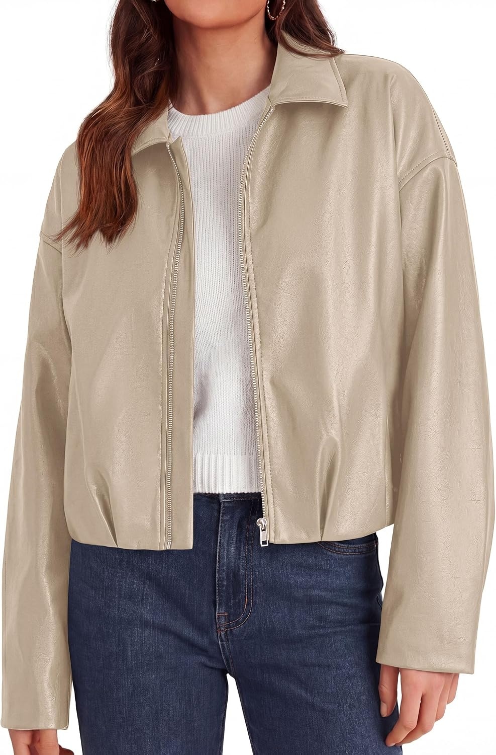 image:imagePRETTYGARDEN Faux Leather Motorcycle Jackets Womens Coat Cropped Zip Up Collared Trendy Fall Outerwear Gathered Hem Winter Layering Clothes Casual Going Out Date Night OutfitApricot