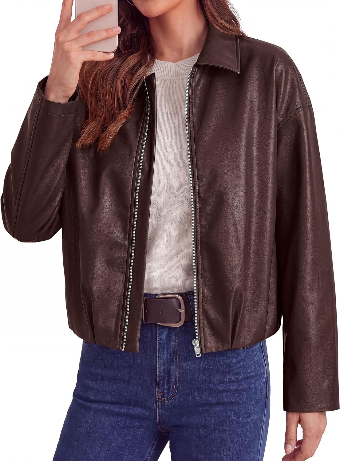 image:imagePRETTYGARDEN Faux Leather Motorcycle Jackets Womens Coat Cropped Zip Up Collared Trendy Fall Outerwear Gathered Hem Winter Layering Clothes Casual Going Out Date Night OutfitDark Brown