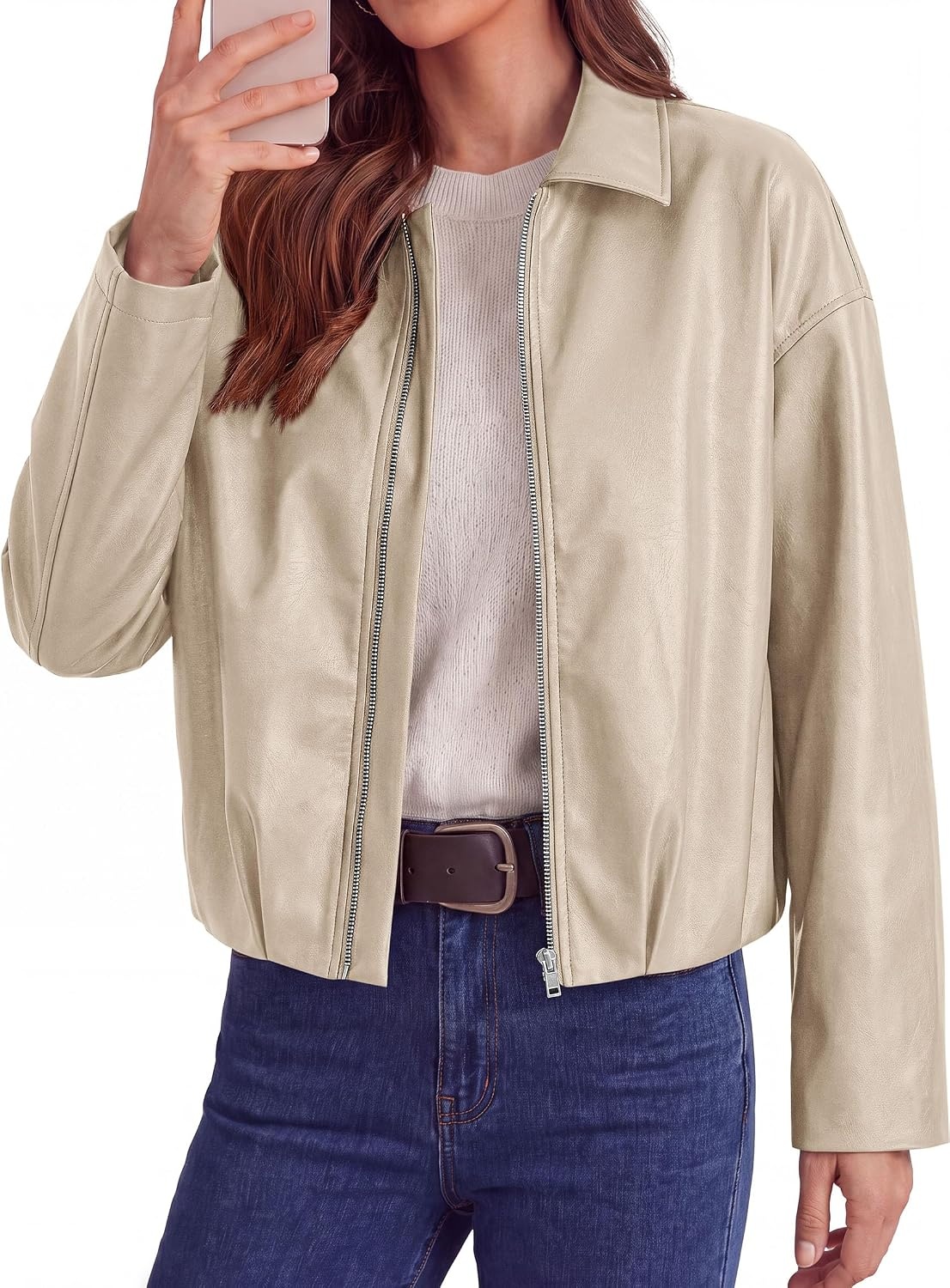 image:imagePRETTYGARDEN Faux Leather Motorcycle Jackets Womens Coat Cropped Zip Up Collared Trendy Fall Outerwear Gathered Hem Winter Layering Clothes Casual Going Out Date Night OutfitApricot