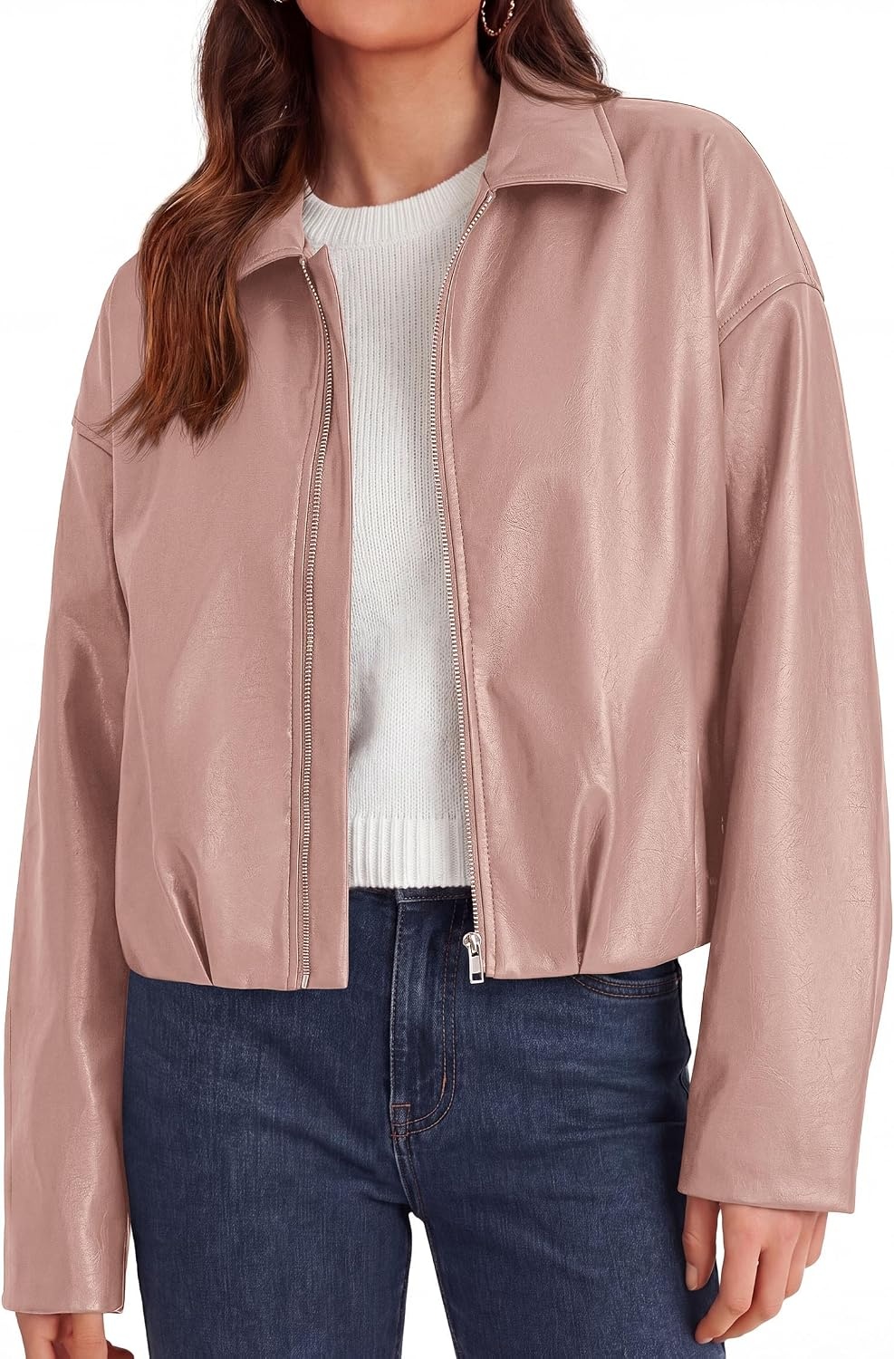 image:imagePRETTYGARDEN Faux Leather Motorcycle Jackets Womens Coat Cropped Zip Up Collared Trendy Fall Outerwear Gathered Hem Winter Layering Clothes Casual Going Out Date Night OutfitPink