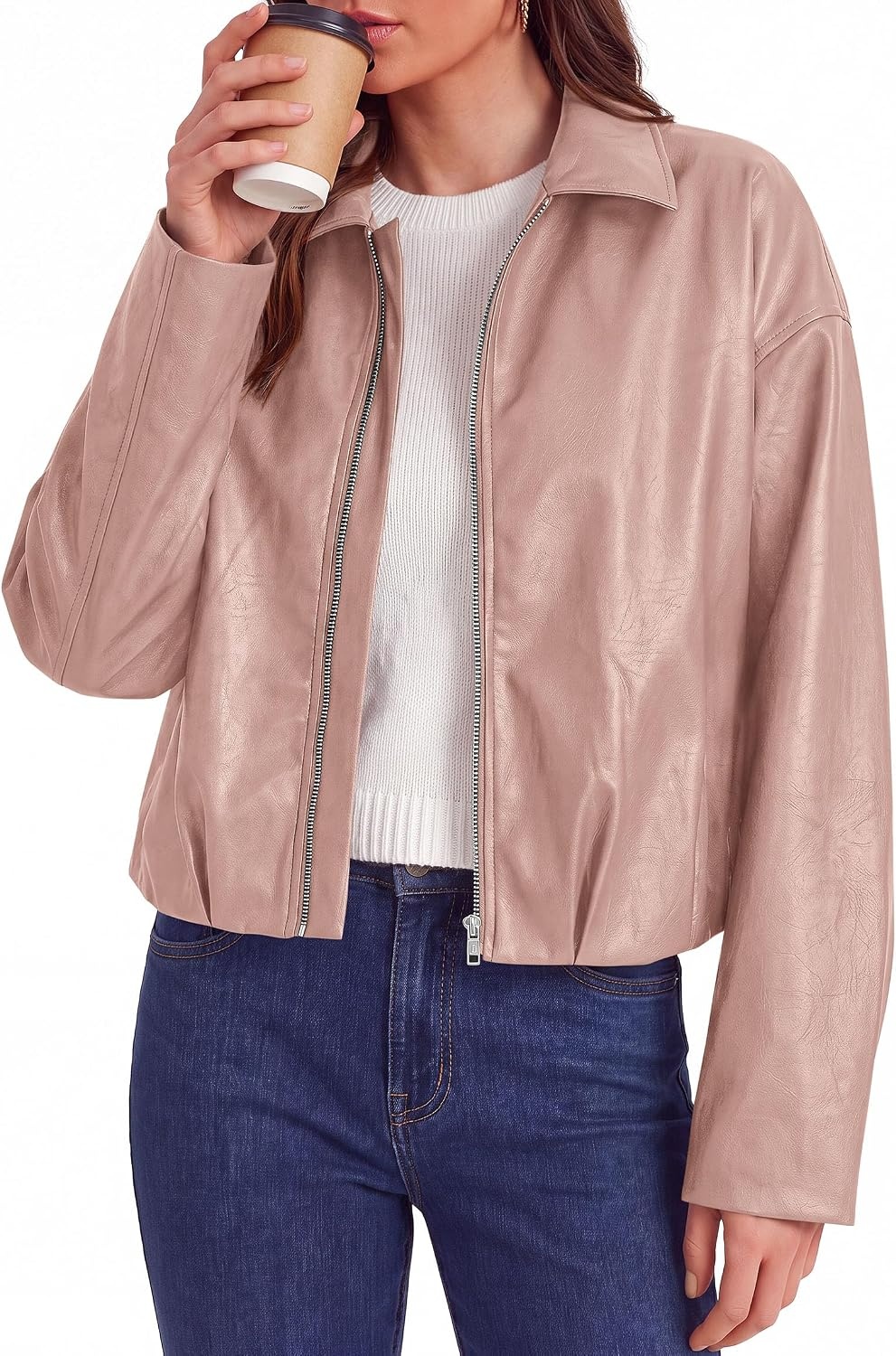 image:imagePRETTYGARDEN Faux Leather Motorcycle Jackets Womens Coat Cropped Zip Up Collared Trendy Fall Outerwear Gathered Hem Winter Layering Clothes Casual Going Out Date Night OutfitPink