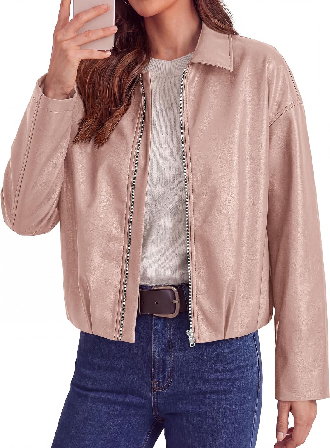 image:imagePRETTYGARDEN Faux Leather Motorcycle Jackets Womens Coat Cropped Zip Up Collared Trendy Fall Outerwear Gathered Hem Winter Layering Clothes Casual Going Out Date Night OutfitPink