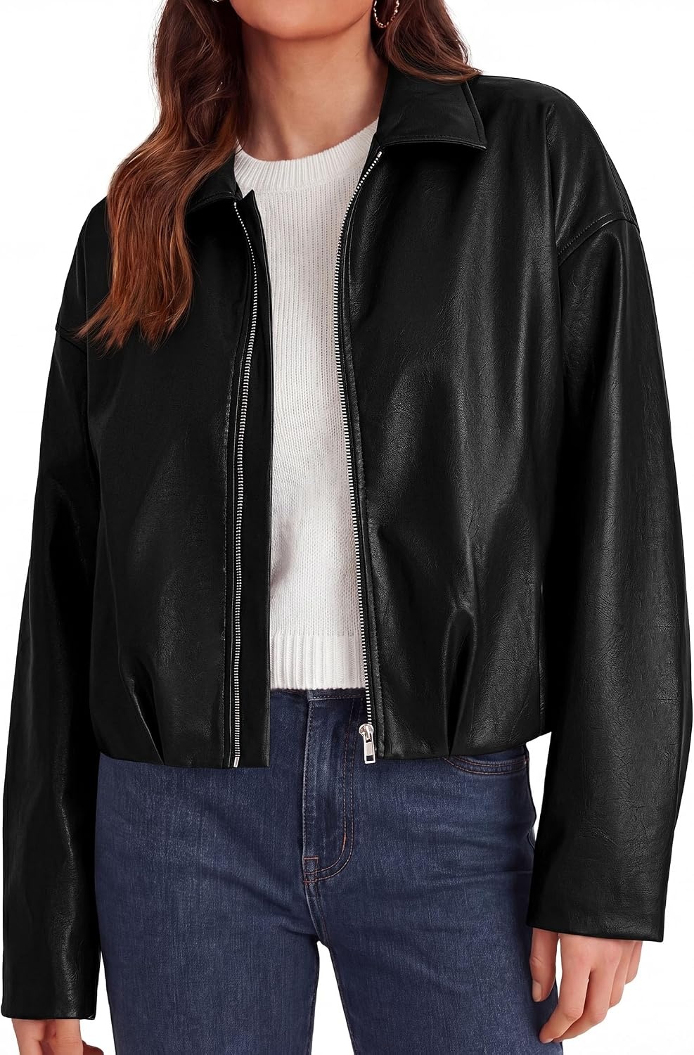 image:imagePRETTYGARDEN Faux Leather Motorcycle Jackets Womens Coat Cropped Zip Up Collared Trendy Fall Outerwear Gathered Hem Winter Layering Clothes Casual Going Out Date Night OutfitBlack