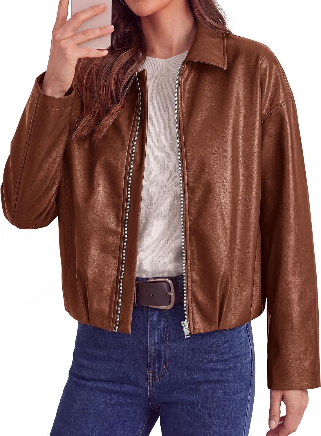 image:imagePRETTYGARDEN Faux Leather Motorcycle Jackets Womens Coat Cropped Zip Up Collared Trendy Fall Outerwear Gathered Hem Winter Layering Clothes Casual Going Out Date Night OutfitRed Brown