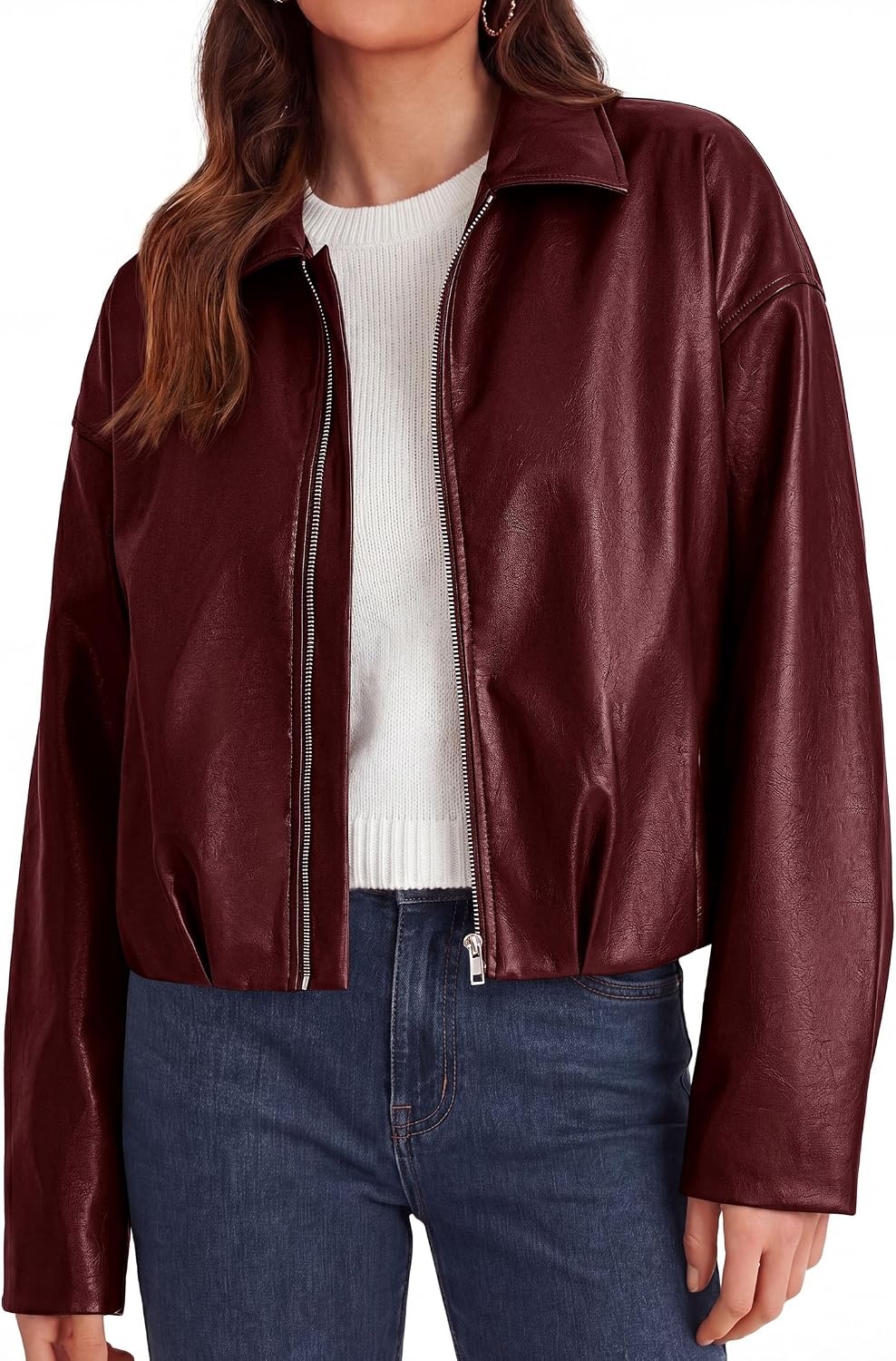 image:imagePRETTYGARDEN Faux Leather Motorcycle Jackets Womens Coat Cropped Zip Up Collared Trendy Fall Outerwear Gathered Hem Winter Layering Clothes Casual Going Out Date Night OutfitBurgundy